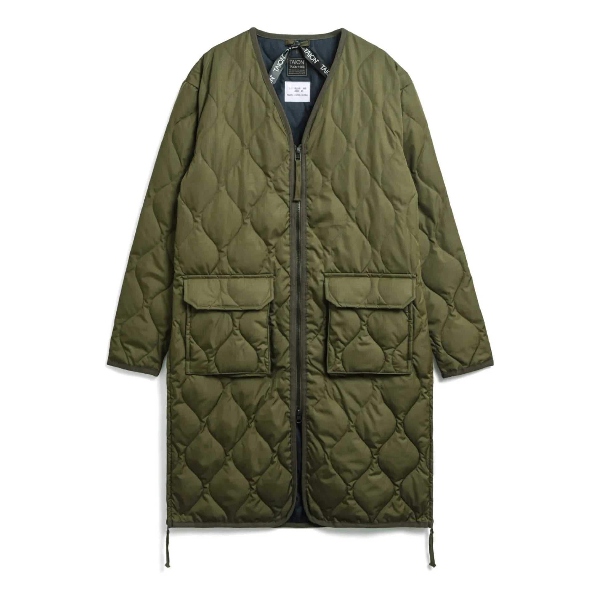 Taion - Military Unisex Long Zip Quilted Jacket | Olive green