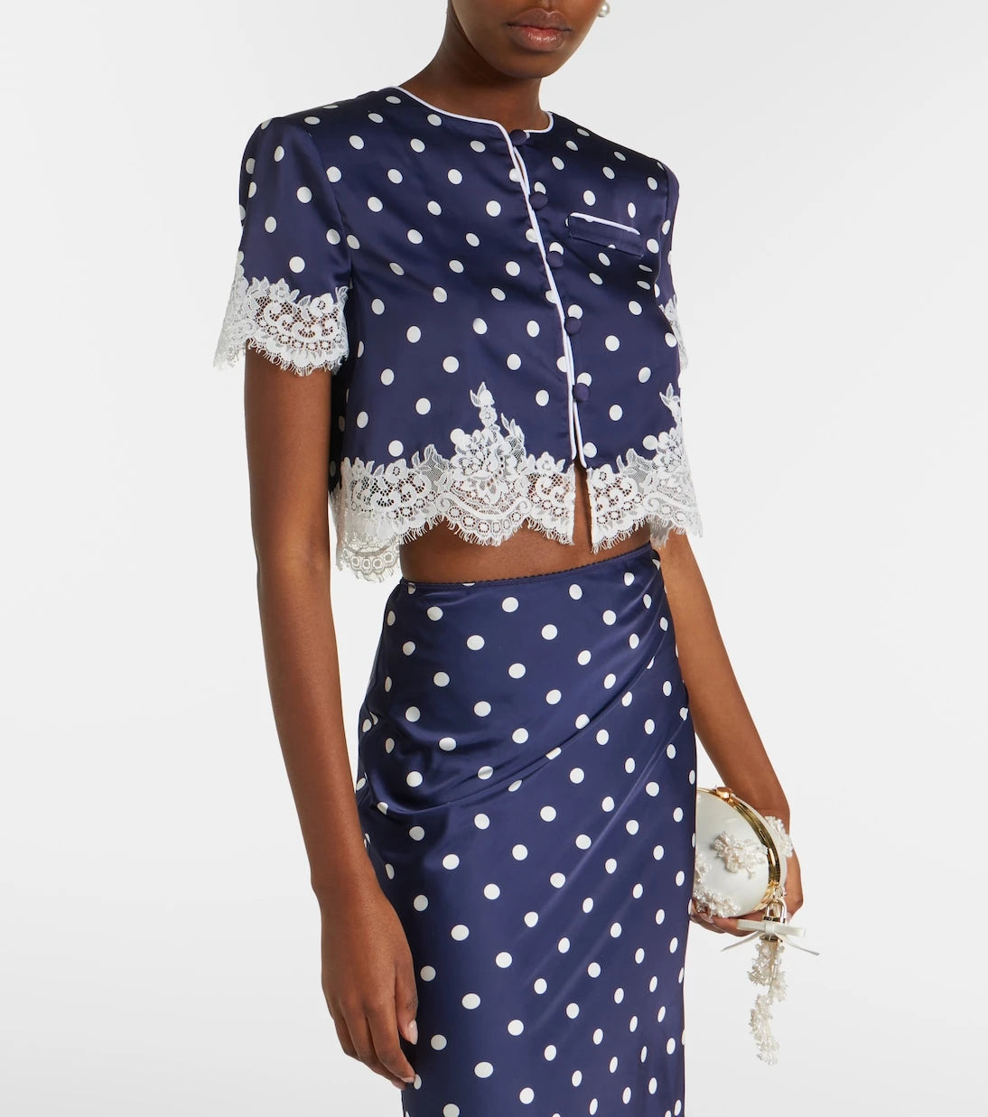 Self-Portrait - Lace-trimmed polka-dot satin crop top