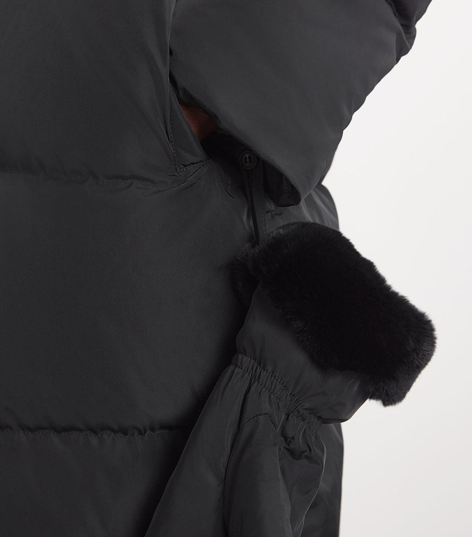 Yves Salomon Black Fur-Trim Down Coat with Mittens