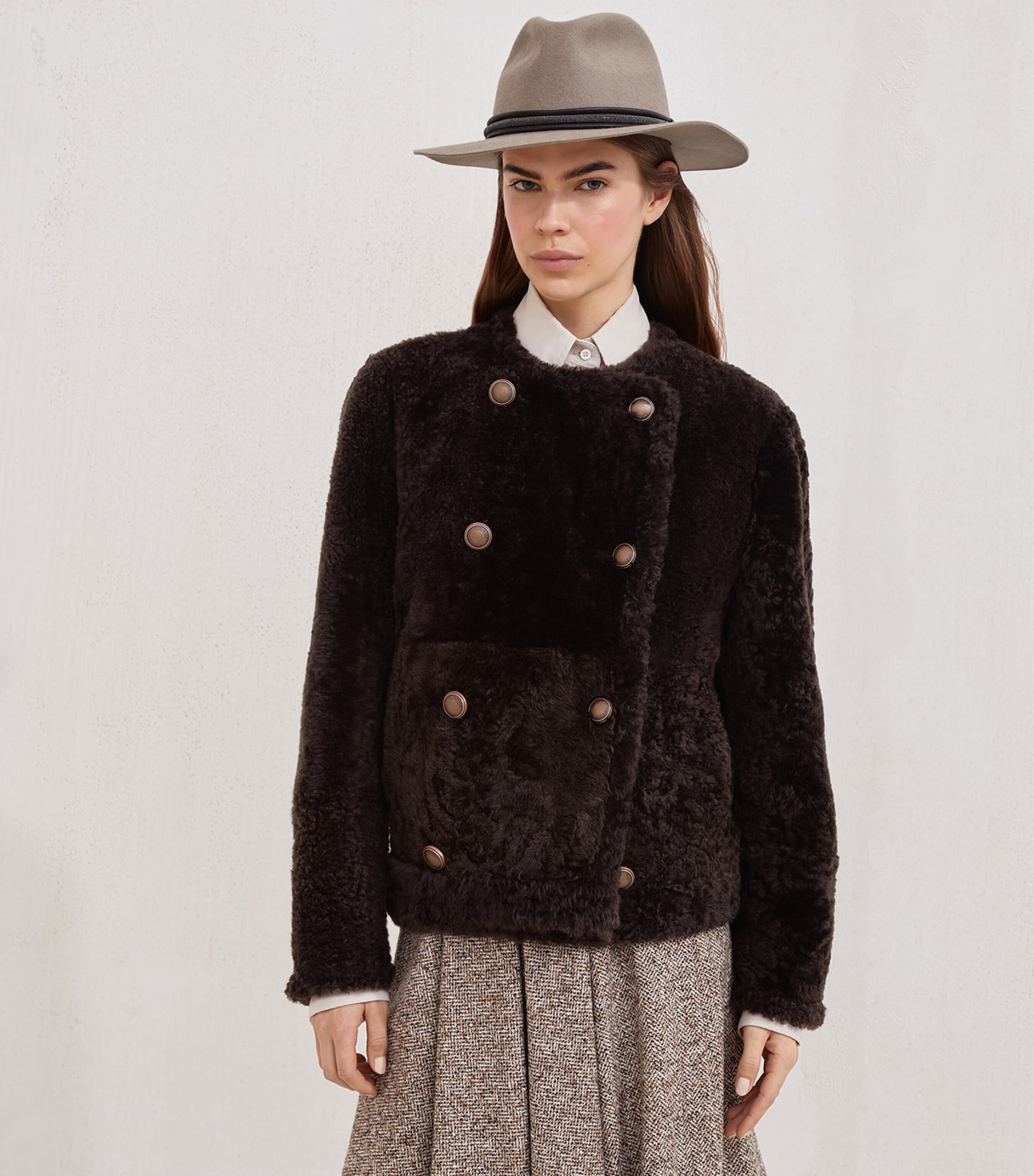 Brunello Cucinelli Brown Shearling-Leather Reversible Pea Coat