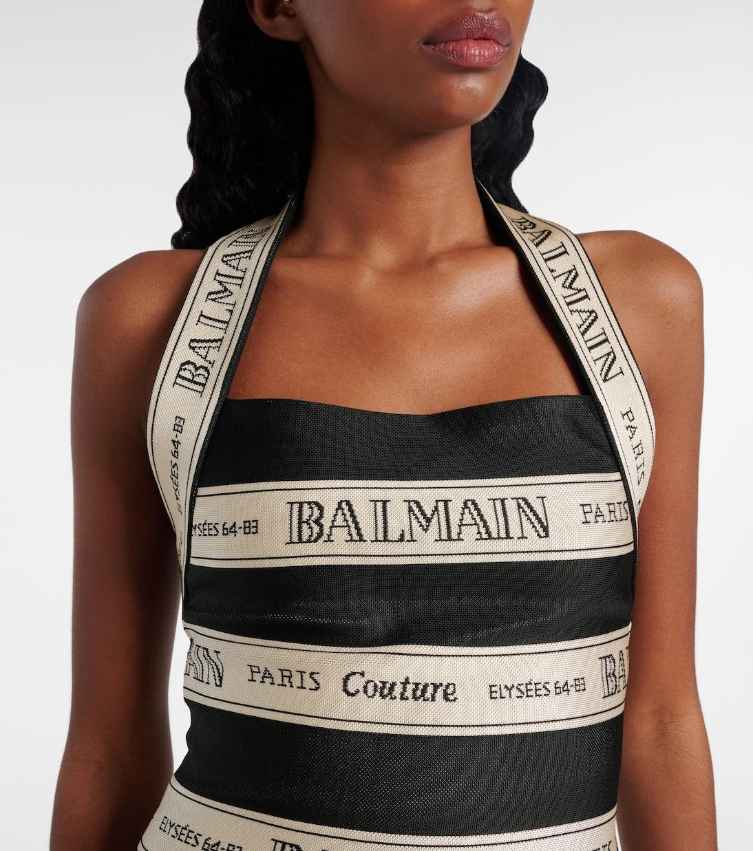 Balmain - Striped halterneck jacquard minidress