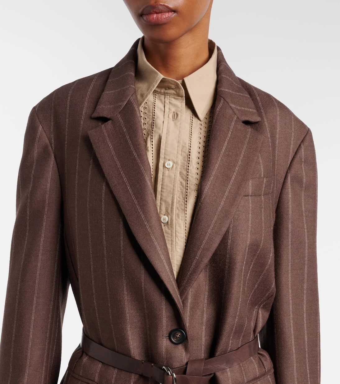 Brunello Cucinelli - Belted pinstriped virgin wool blazer