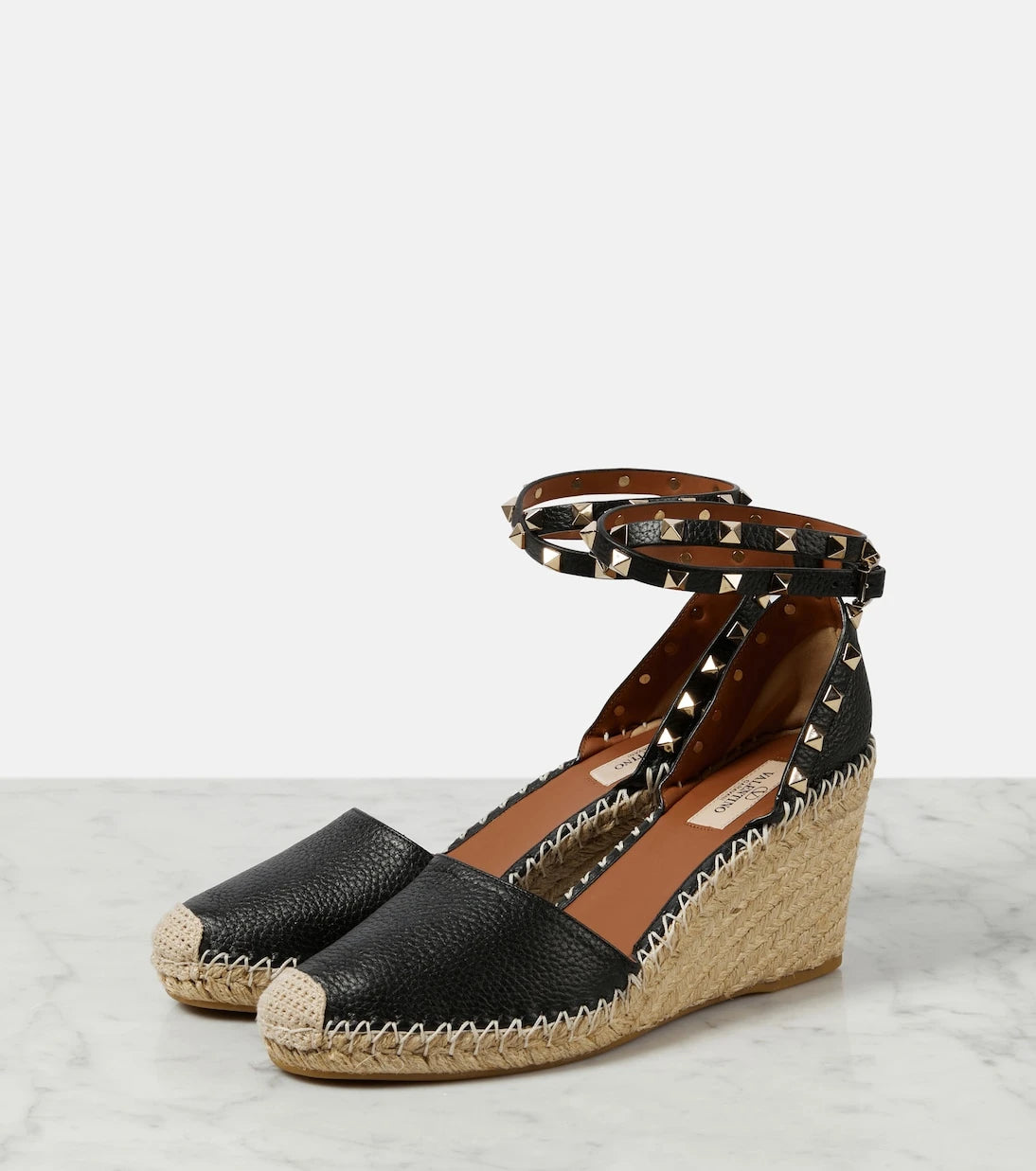 Valentino Garavani - Rockstud Double leather wedge espadrilles
