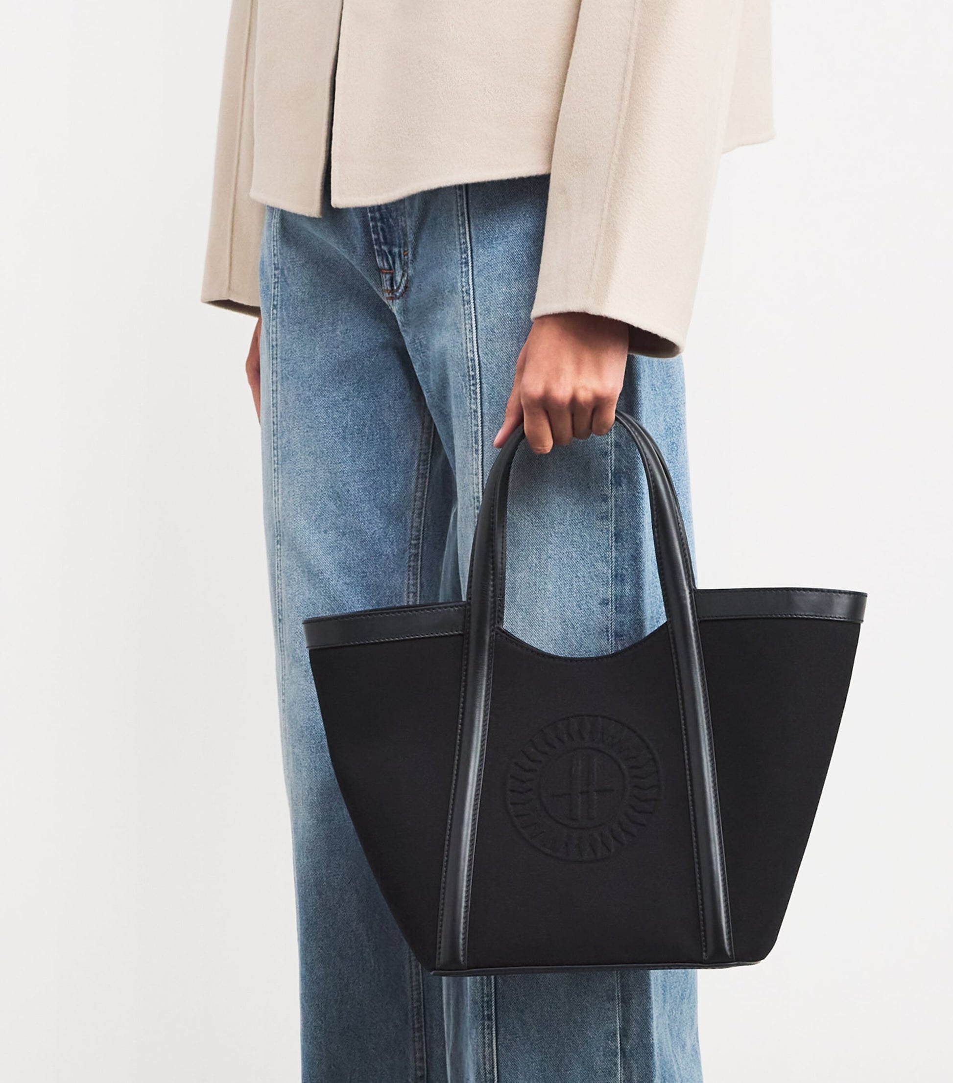 Small Canvas-Leather Embossed Tote Bag BLACK