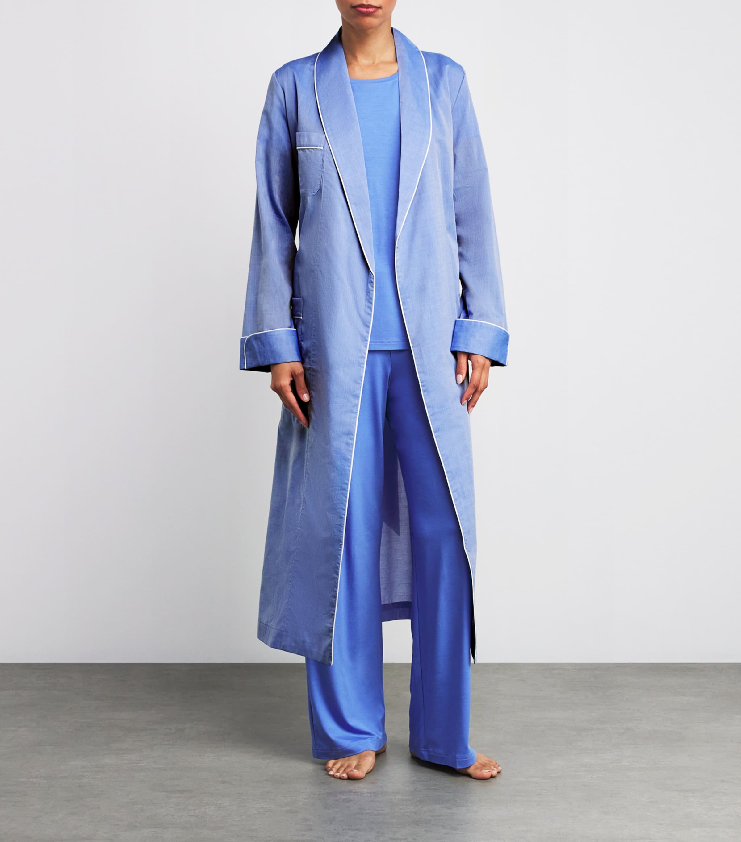 Blue Cotton Contrast-Trim Robe