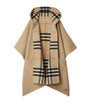 Beige Cashmere Reversible Check Hooded Cape