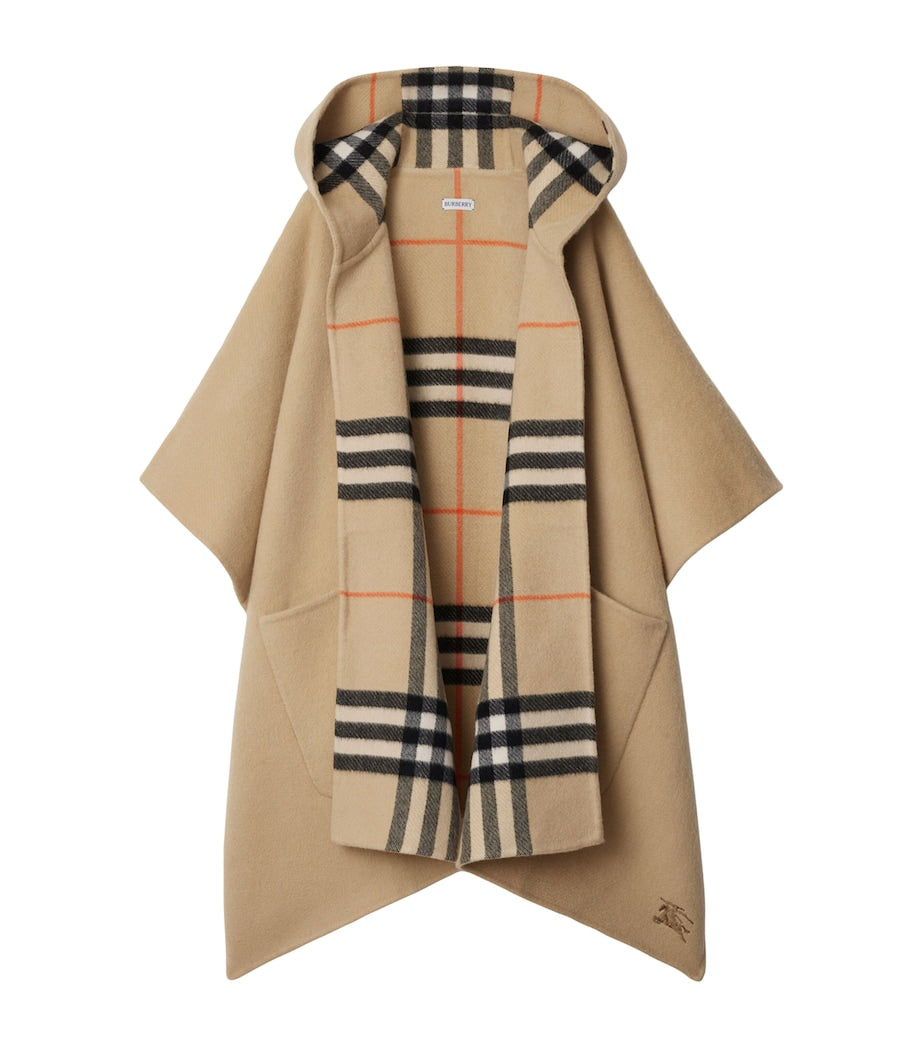Beige Cashmere Reversible Check Hooded Cape