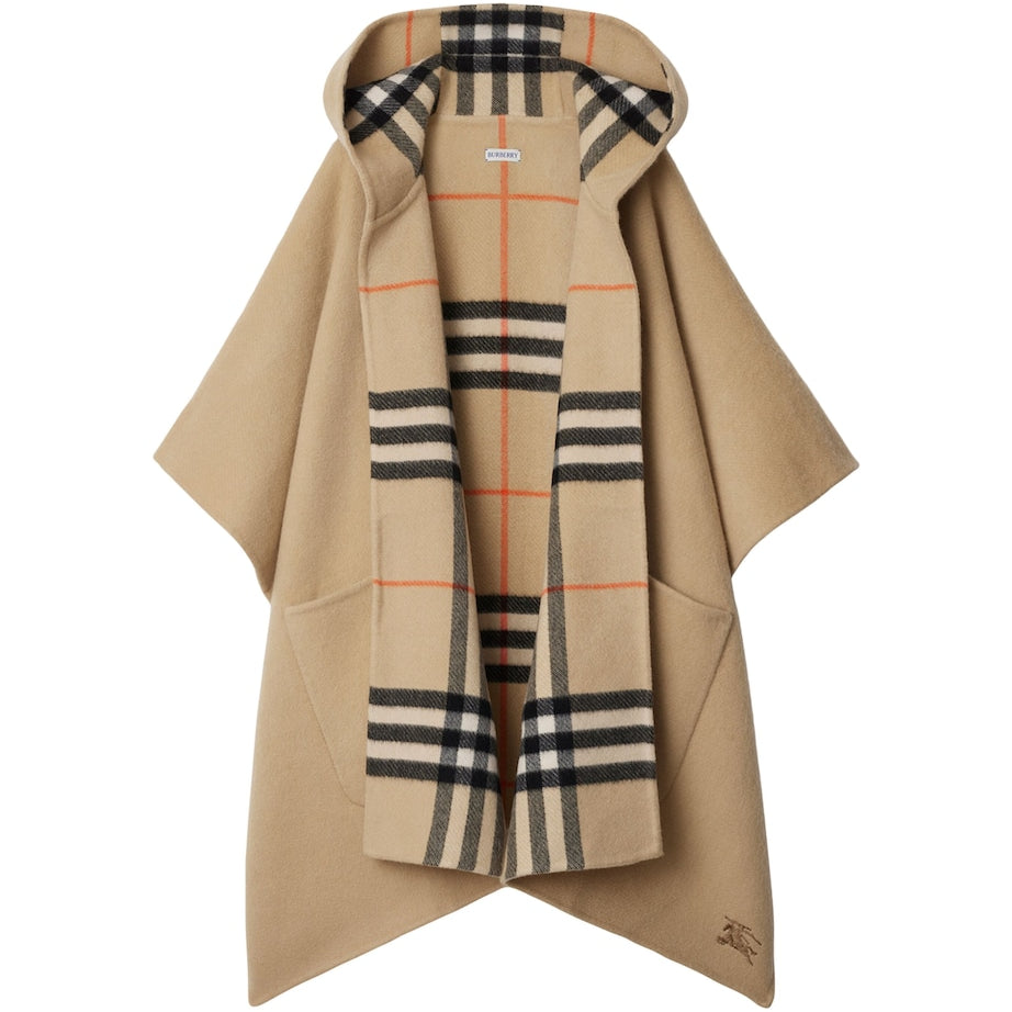 Beige Cashmere Reversible Check Hooded Cape