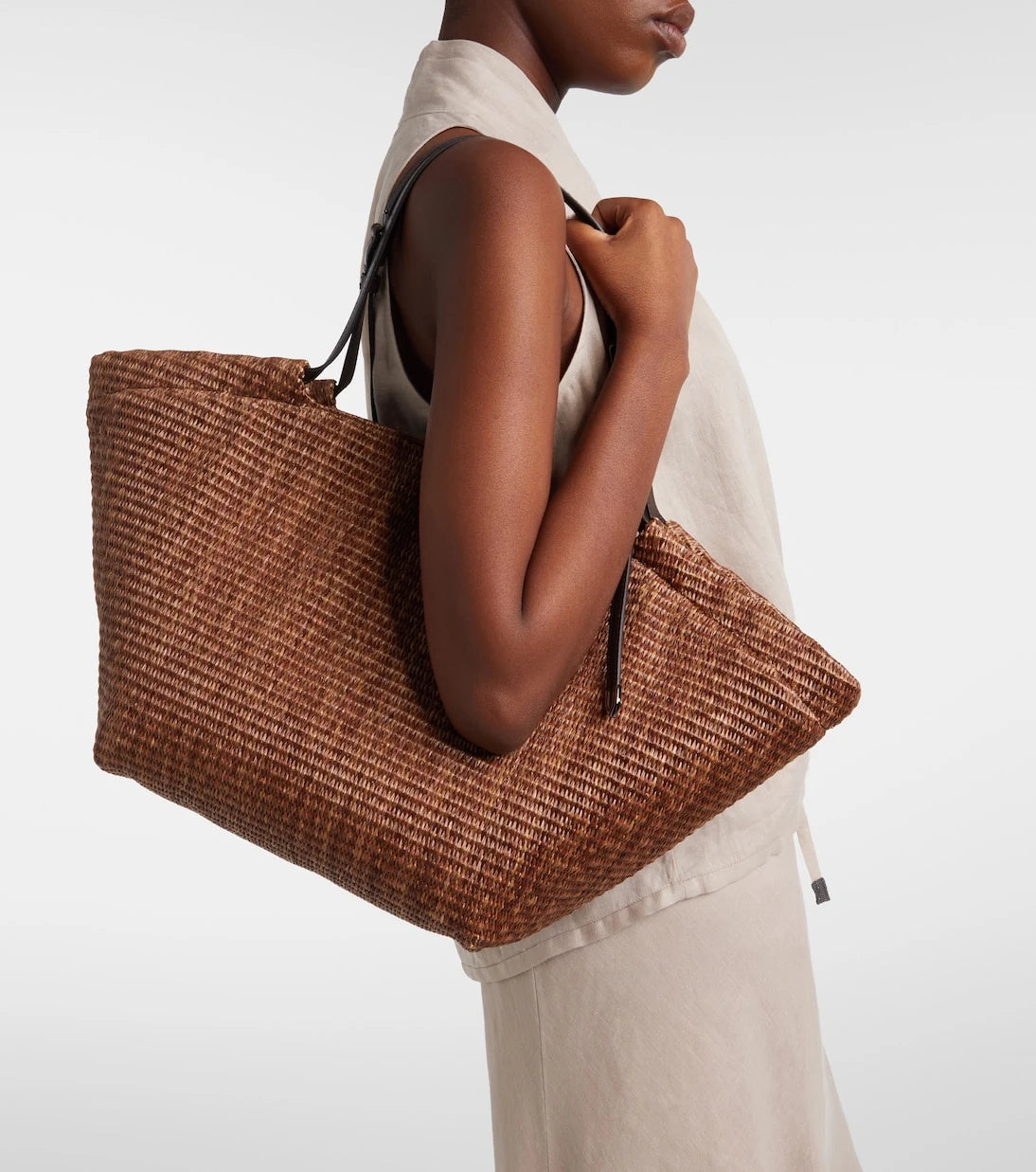 Brunello Cucinelli - Large leather-trimmed raffia-effect tote bag