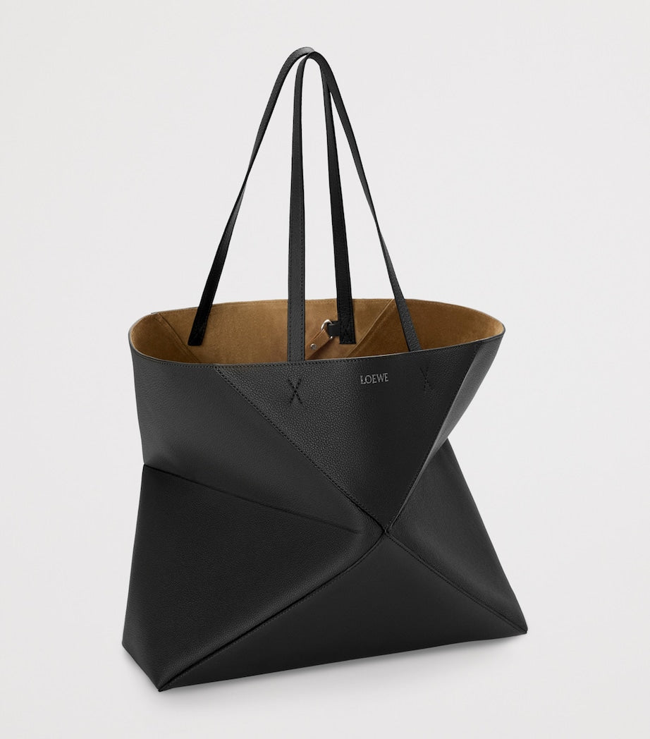 Large Leather Puzzle Fold Tote Bag BLACK