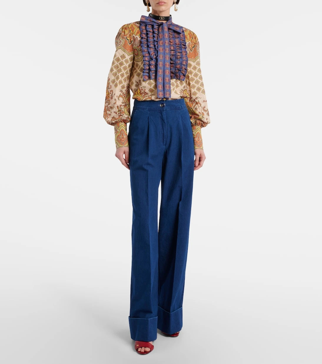 Valentino - High-rise pleated wide-leg jeans