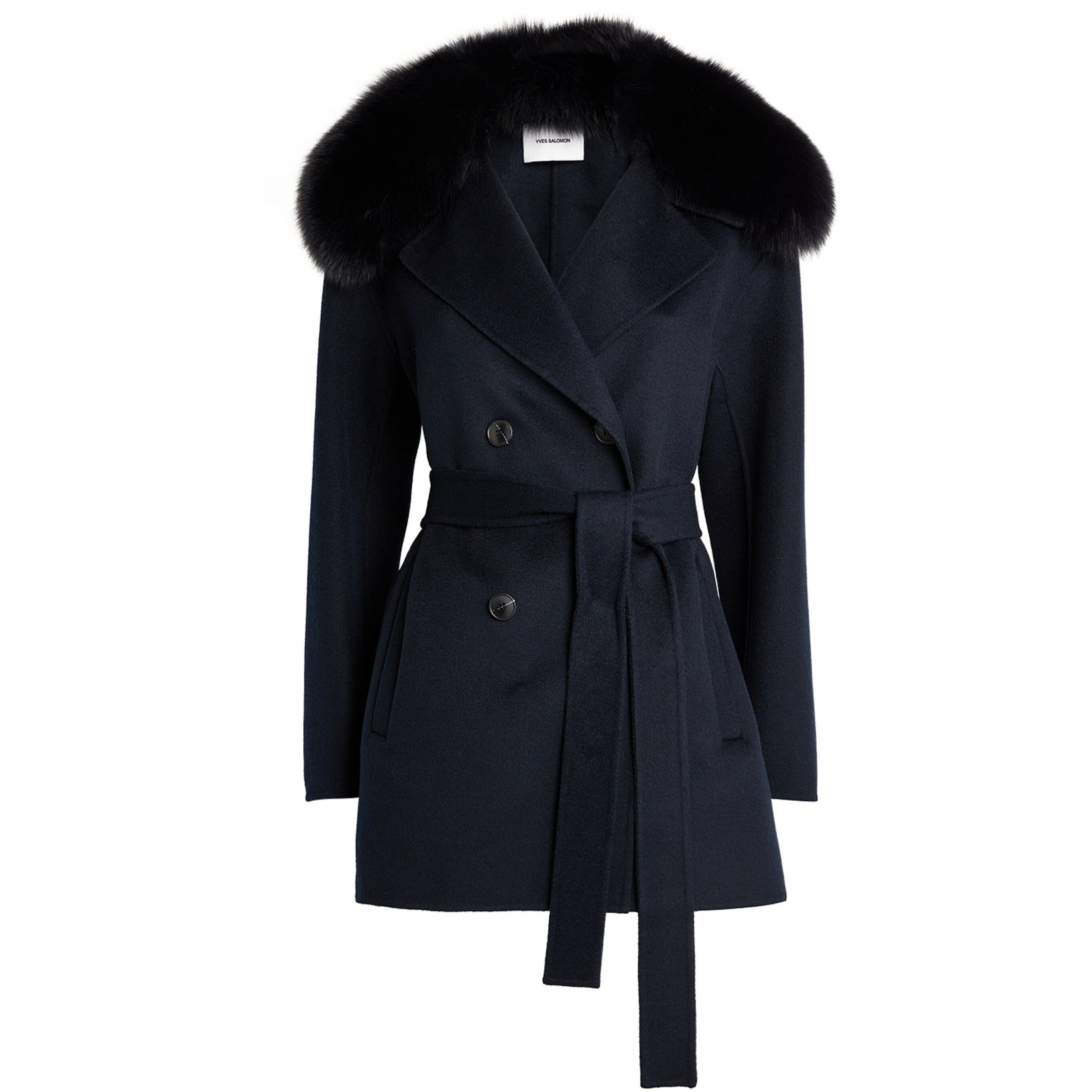 Yves Salomon Blue Wool-Cashmere Fur-Trim Coat