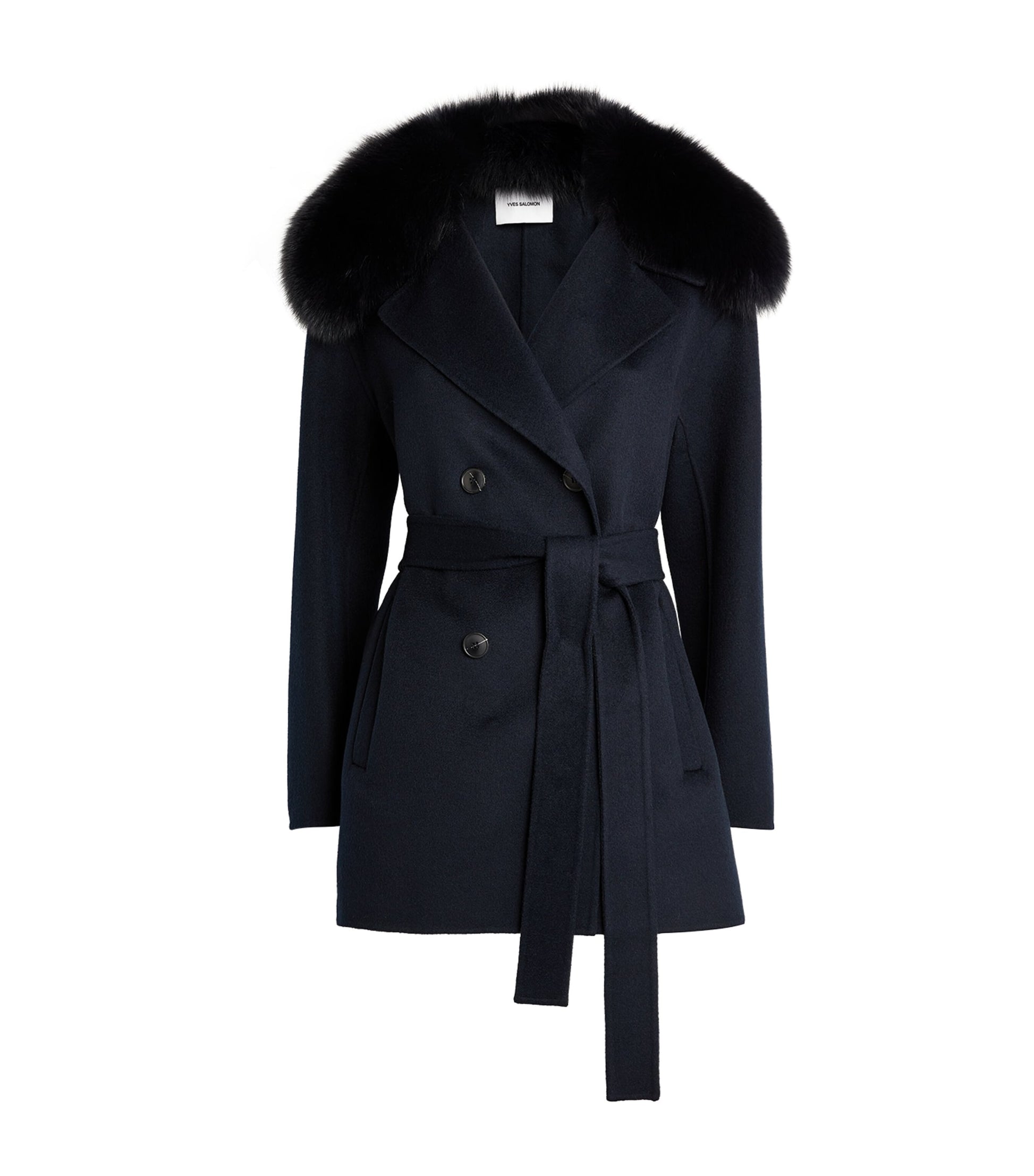 Yves Salomon Blue Wool-Cashmere Fur-Trim Coat