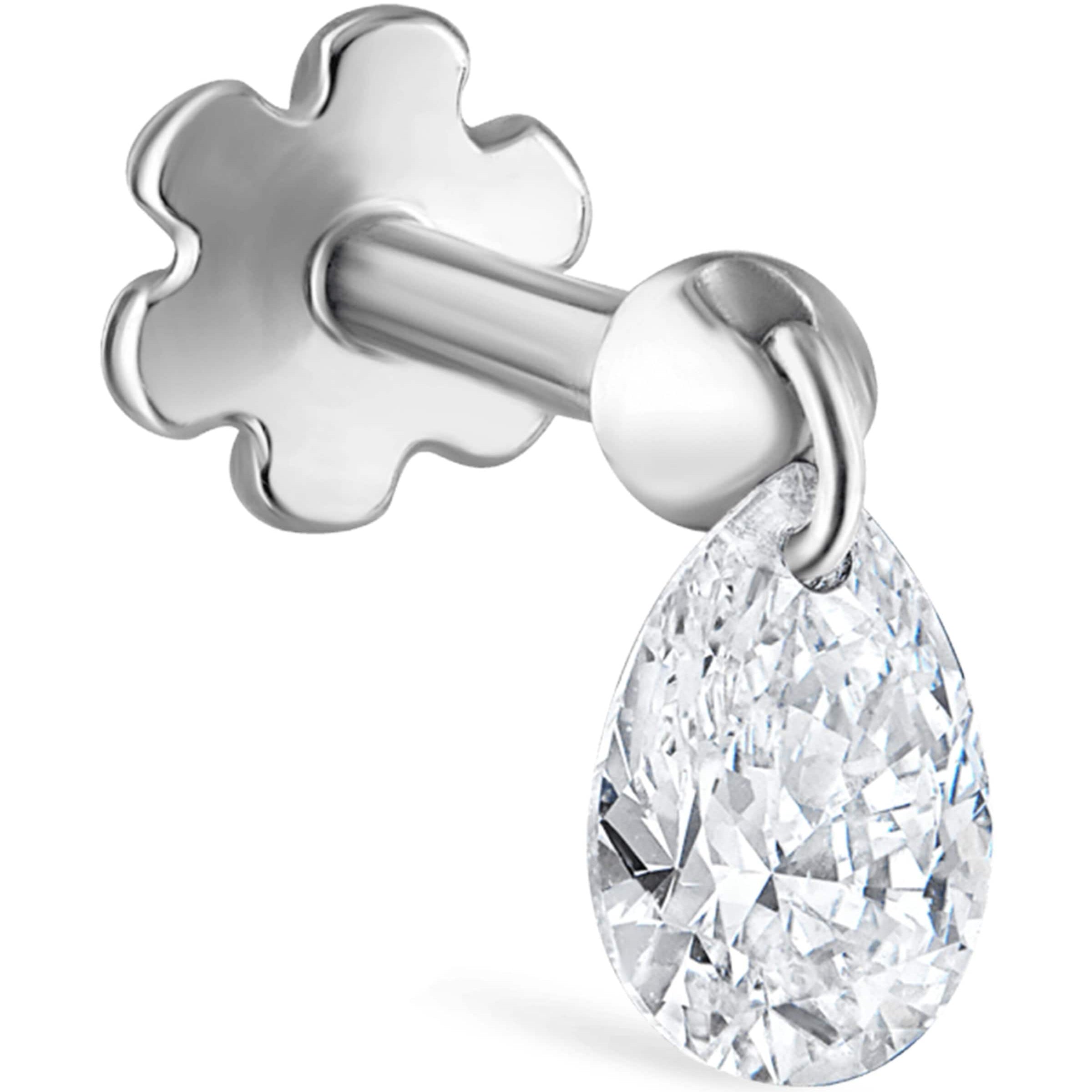 White Gold Floating Pear Diamond Charm Threaded Stud Earring (4mm)