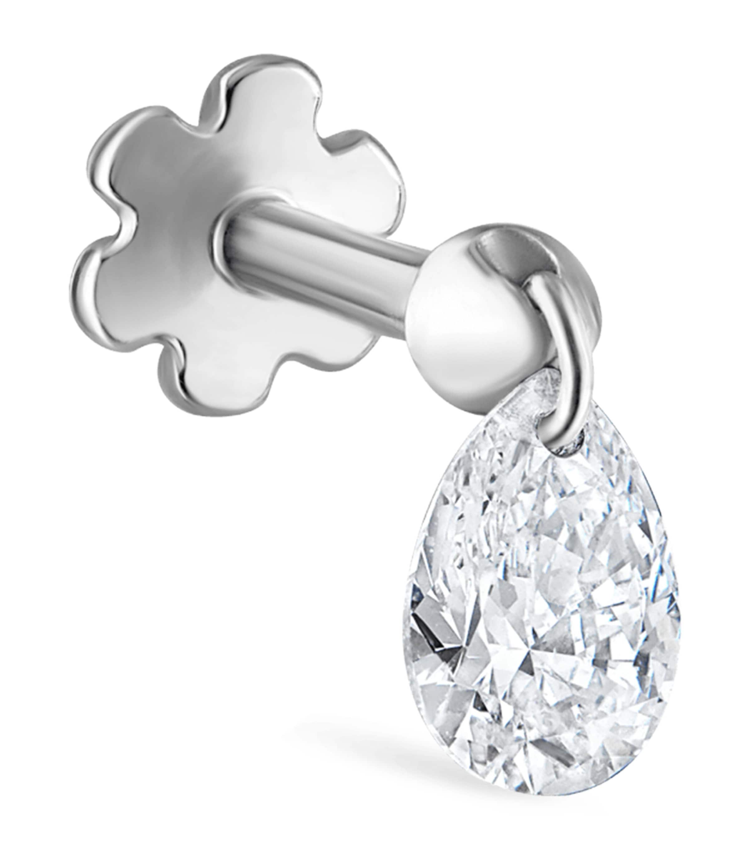 White Gold Floating Pear Diamond Charm Threaded Stud Earring (4mm)
