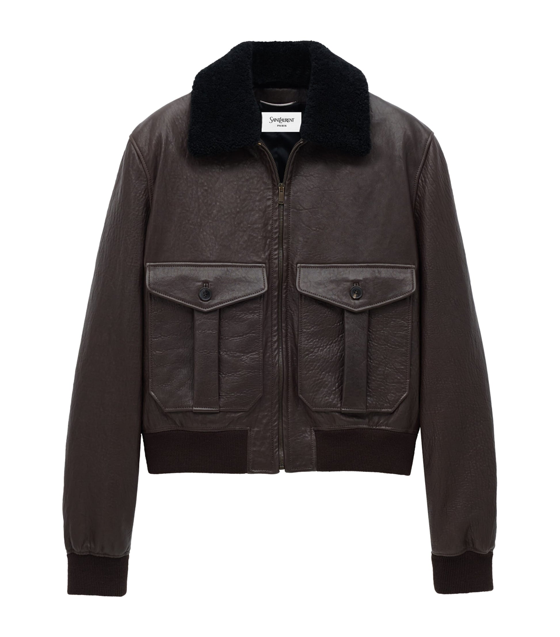 Saint Laurent Brown Shearling-Collar Leather Jacket