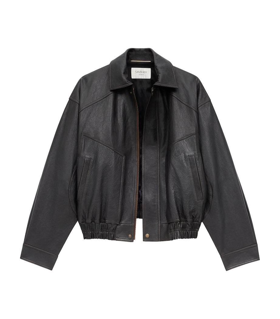 Saint Laurent Grey Leather Bomber Jacket
