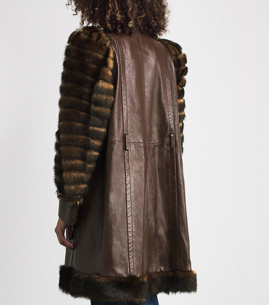 Chloé Brown Leather Fur-Trim Coat