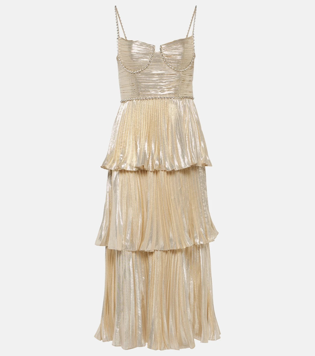 Self-Portrait - Metallic Tiered Midi Dress