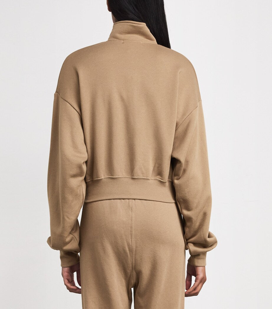 ÉTERNE Beige Cotton-Blend Half-Zip Cropped Sweatshirt