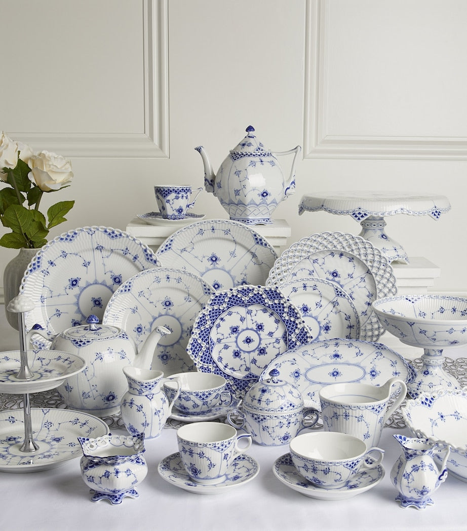 Blue Fluted Half Lace Sugar Bowl and Lid