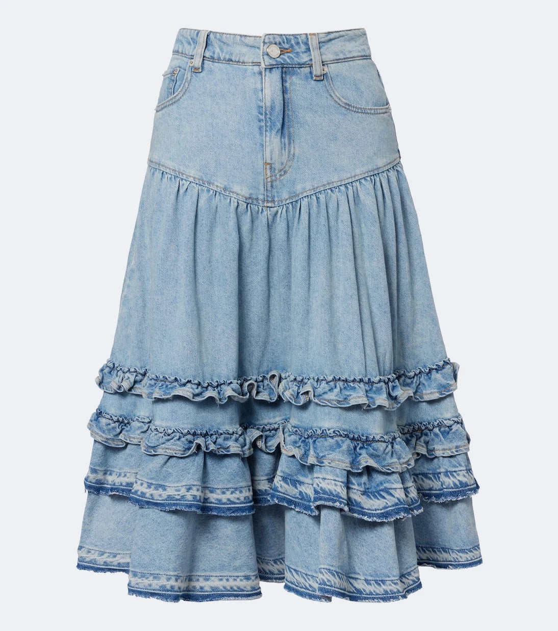Ganni - Ruffled denim midi skirt
