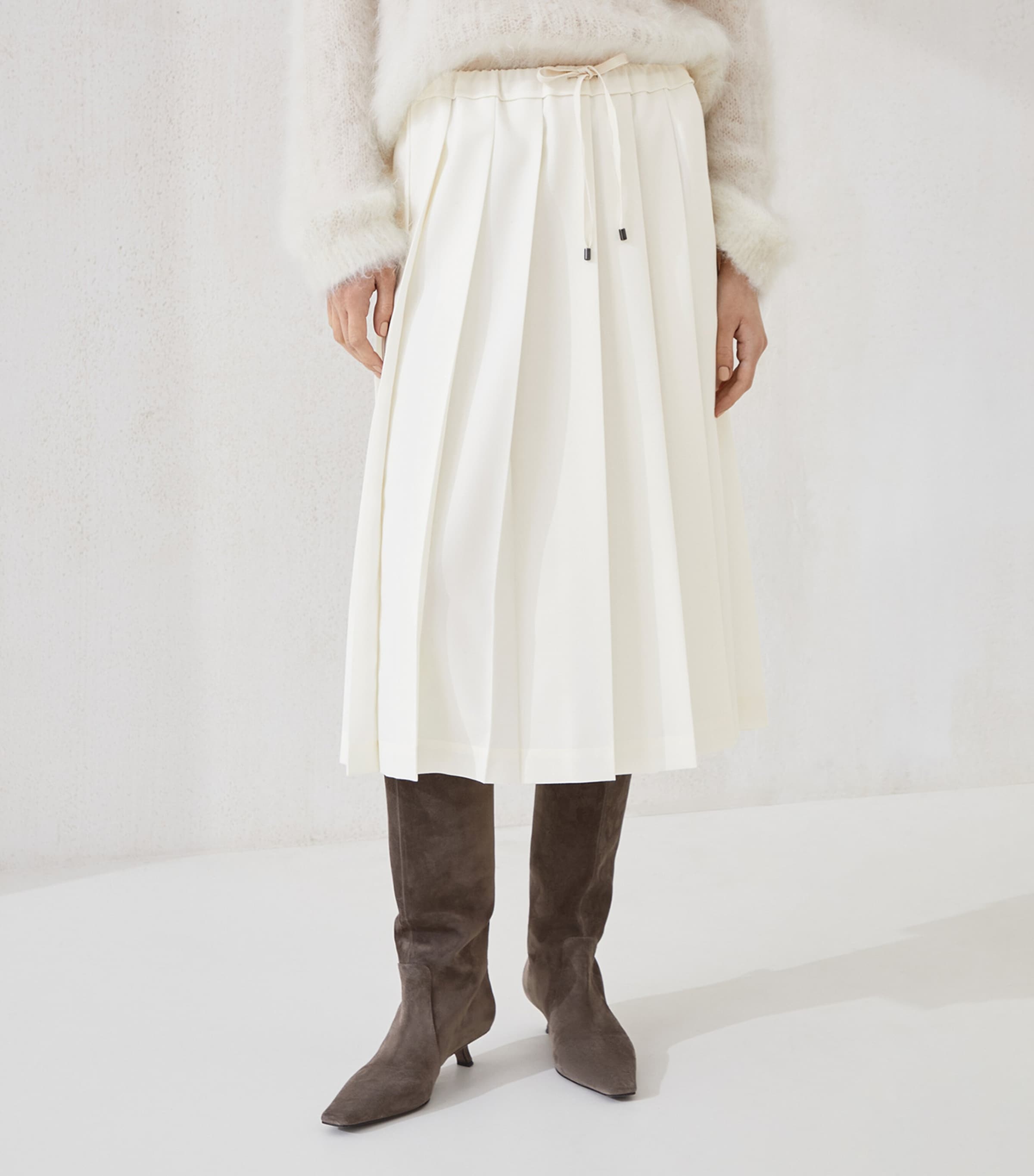 Brunello Cucinelli White Techno Virgin Wool-Blend Track Skirt