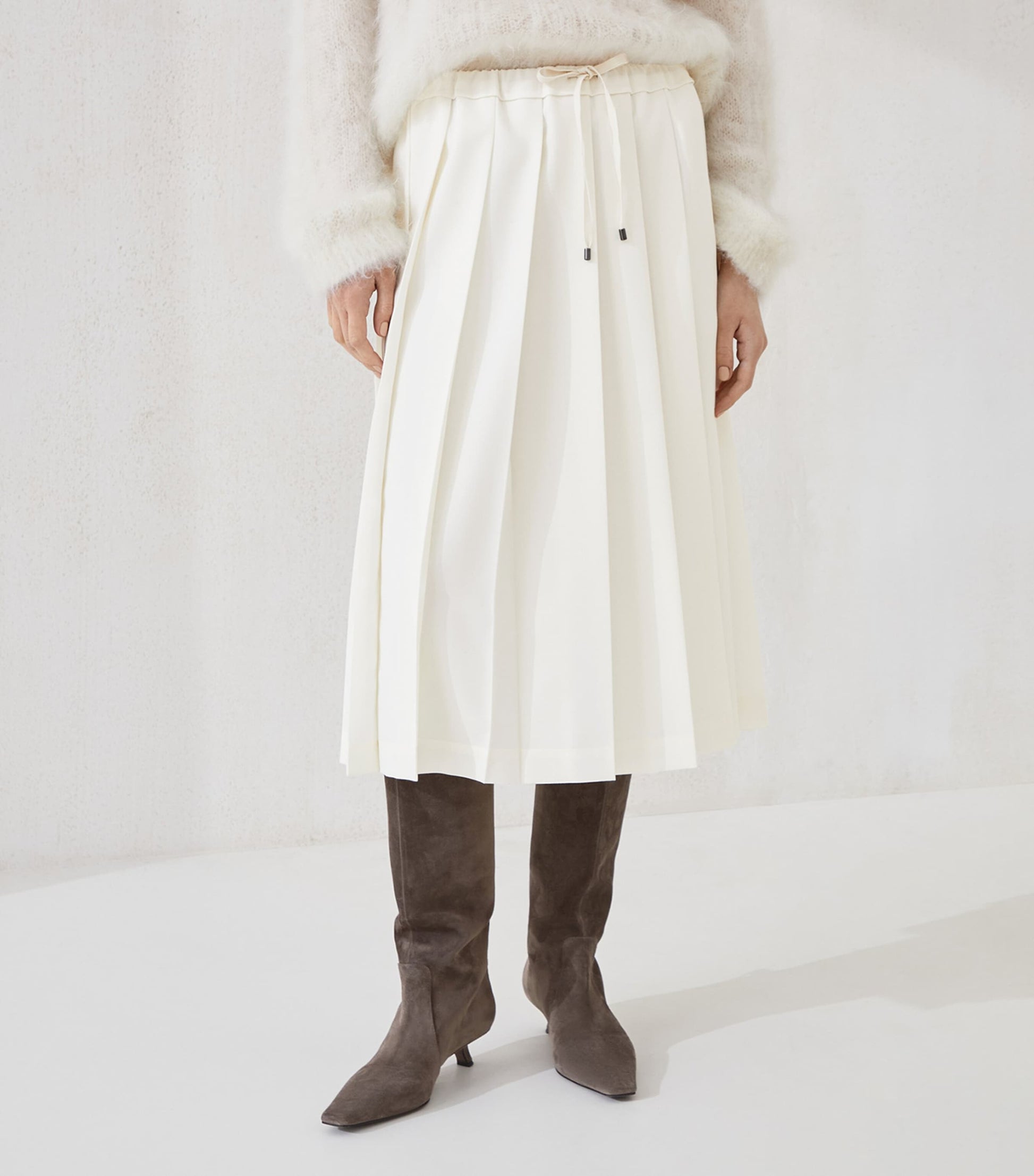 Brunello Cucinelli White Techno Virgin Wool-Blend Track Skirt