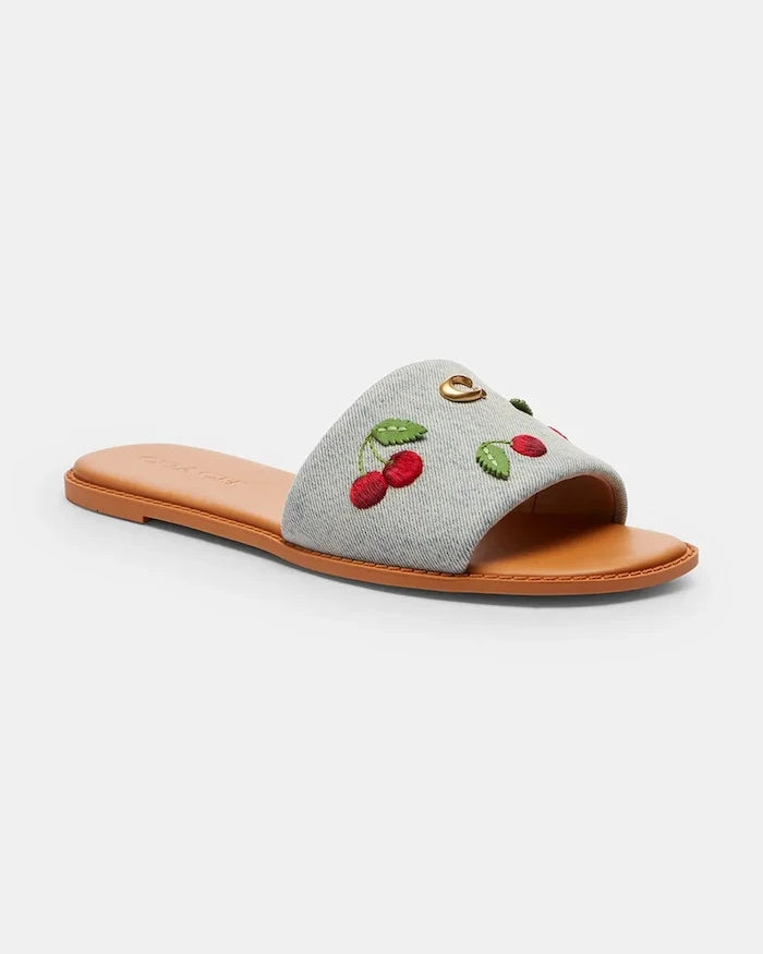 Coach чехли с равна подметка дамски от памук Holly Denim Cherries Sandal