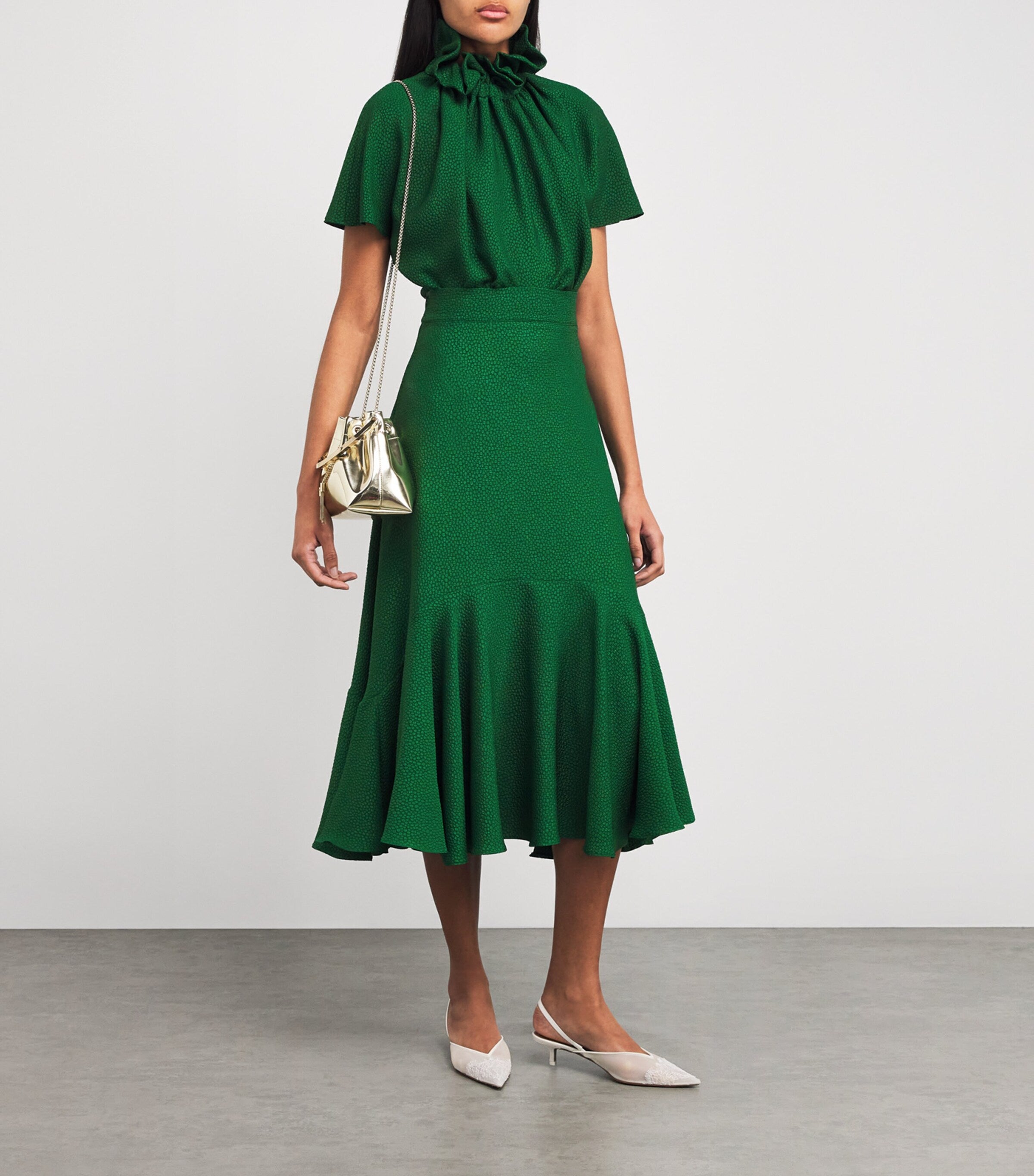 Green Bubble Jacquard Ruff Blouse