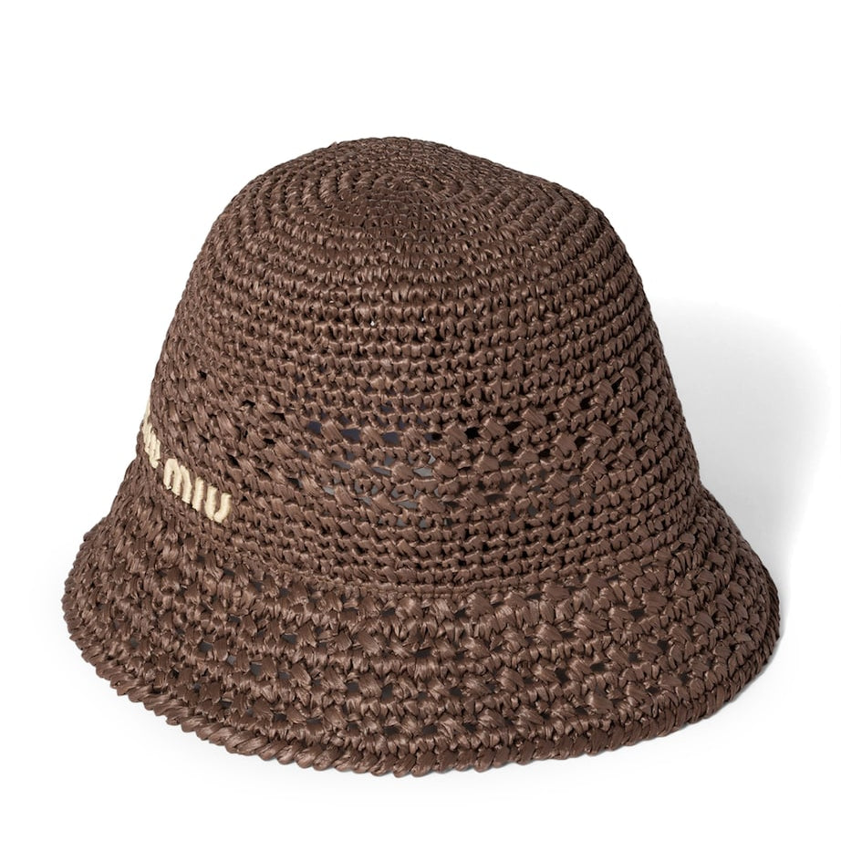 Brown Raffia Logo Bucket Hat