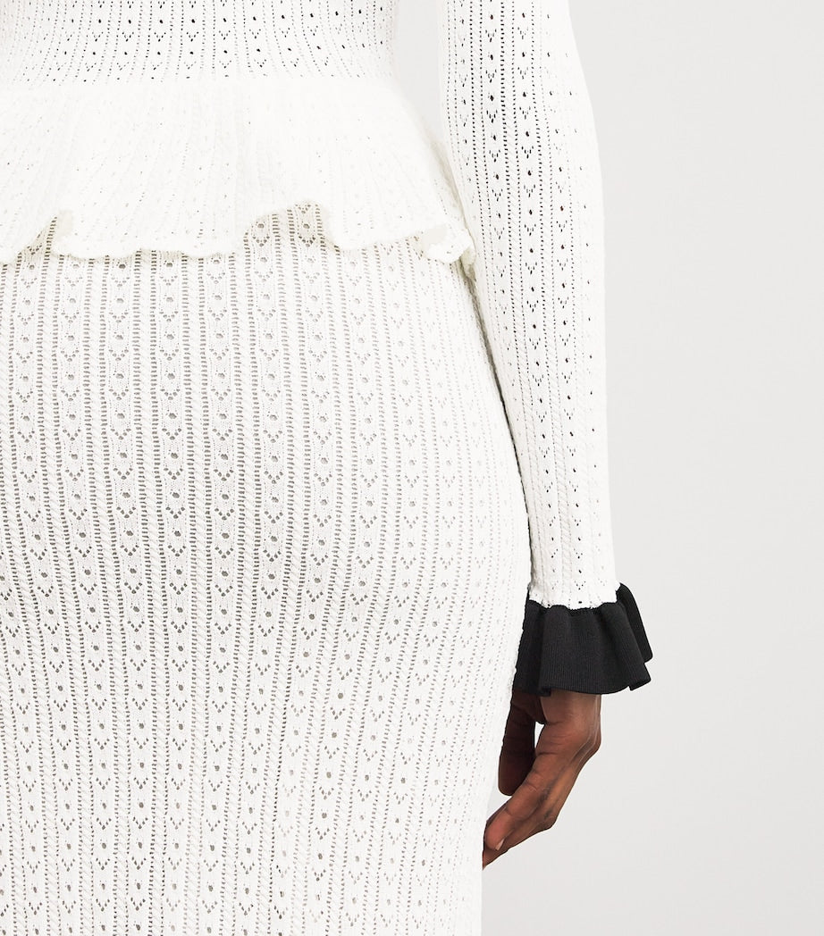 Self-Portrait White Pointelle Peplum Midi Dress