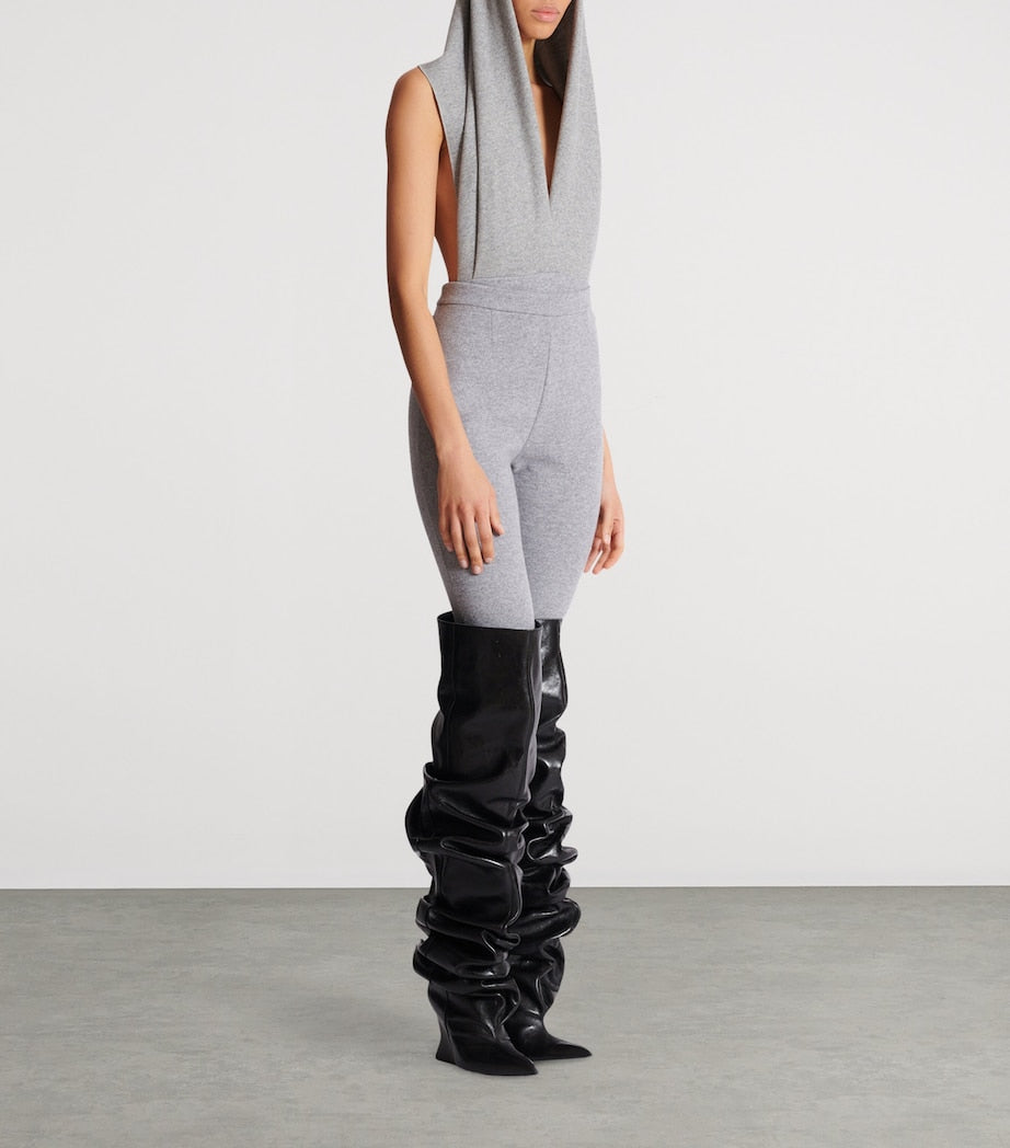 Balmain Grey Draped Hooded Bodysuit