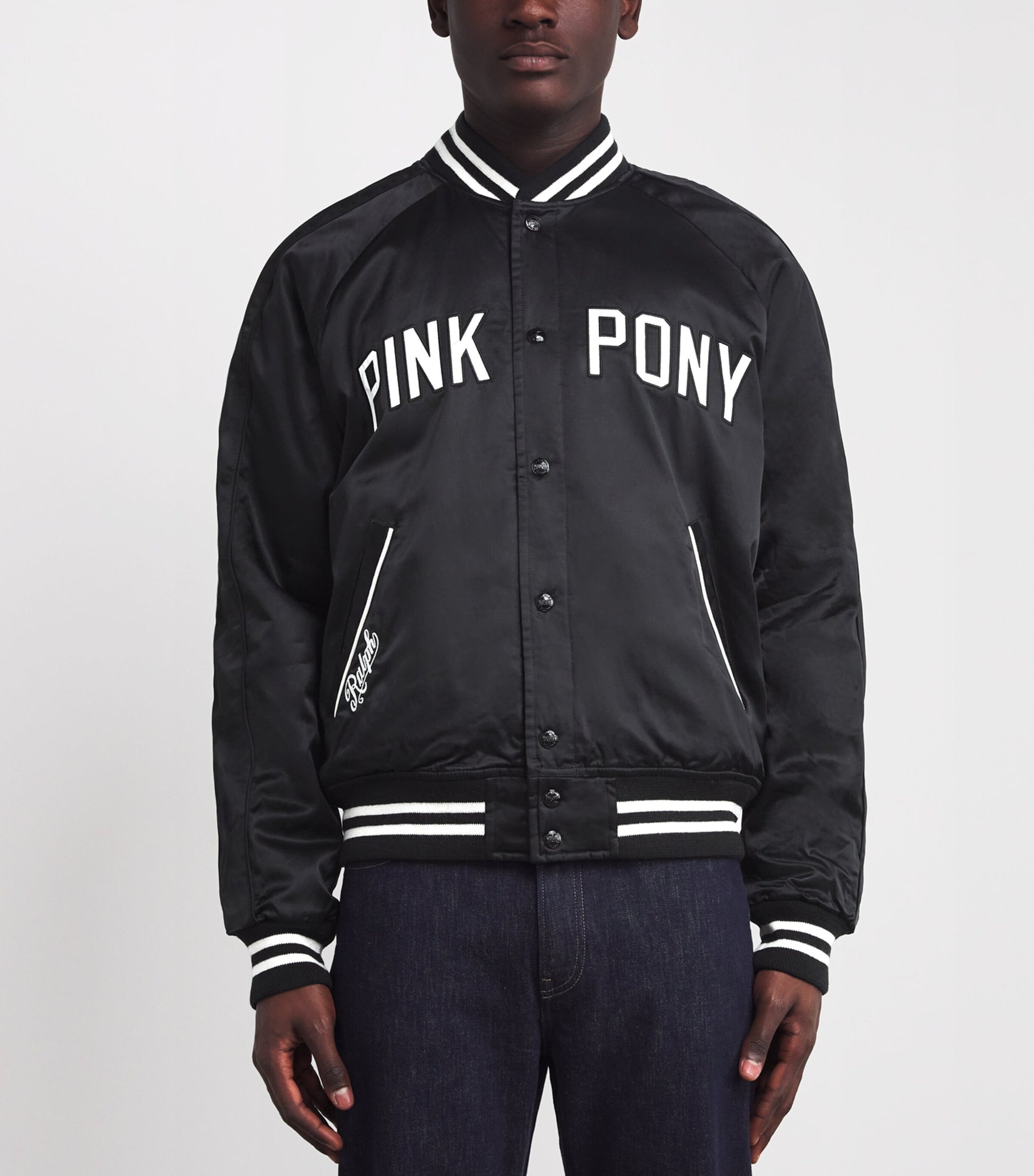 Polo Ralph Lauren Black Satin Pink Pony Baseball Jacket
