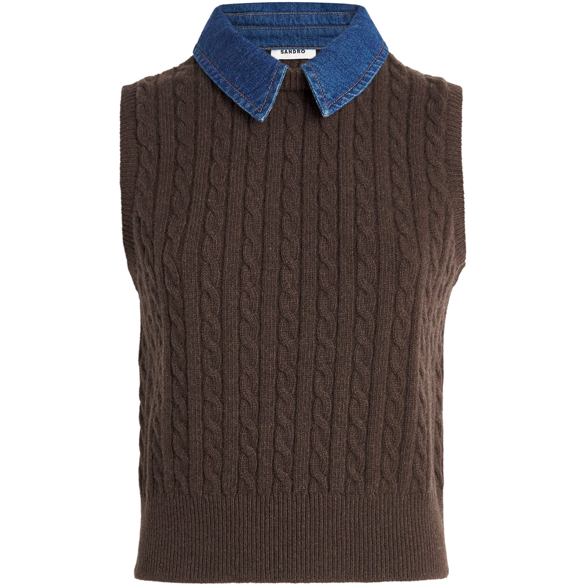 Wool-Blend Denim-Collar Sweater Vest BROWN
