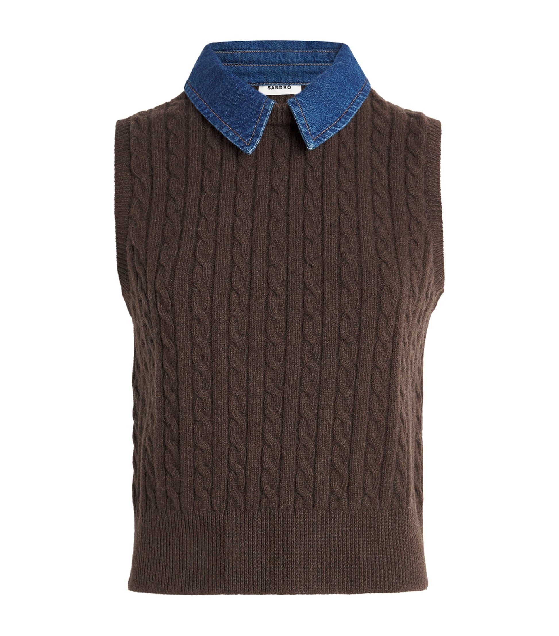 Wool-Blend Denim-Collar Sweater Vest BROWN