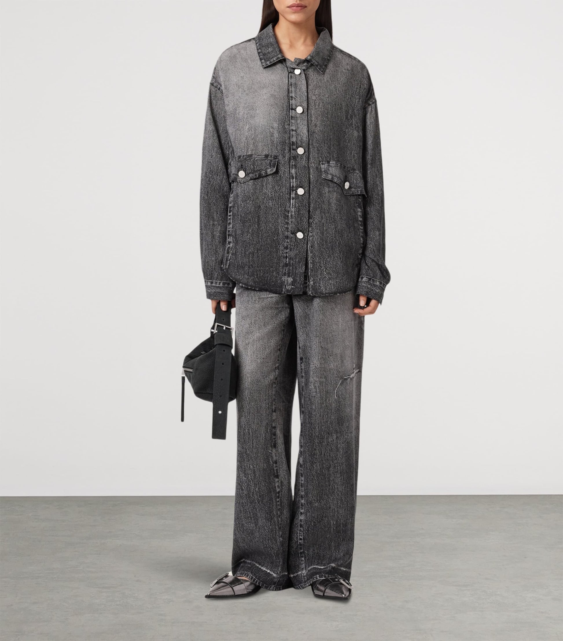 AllSaints Black Tyler Illusion Print Wide-Leg Trousers