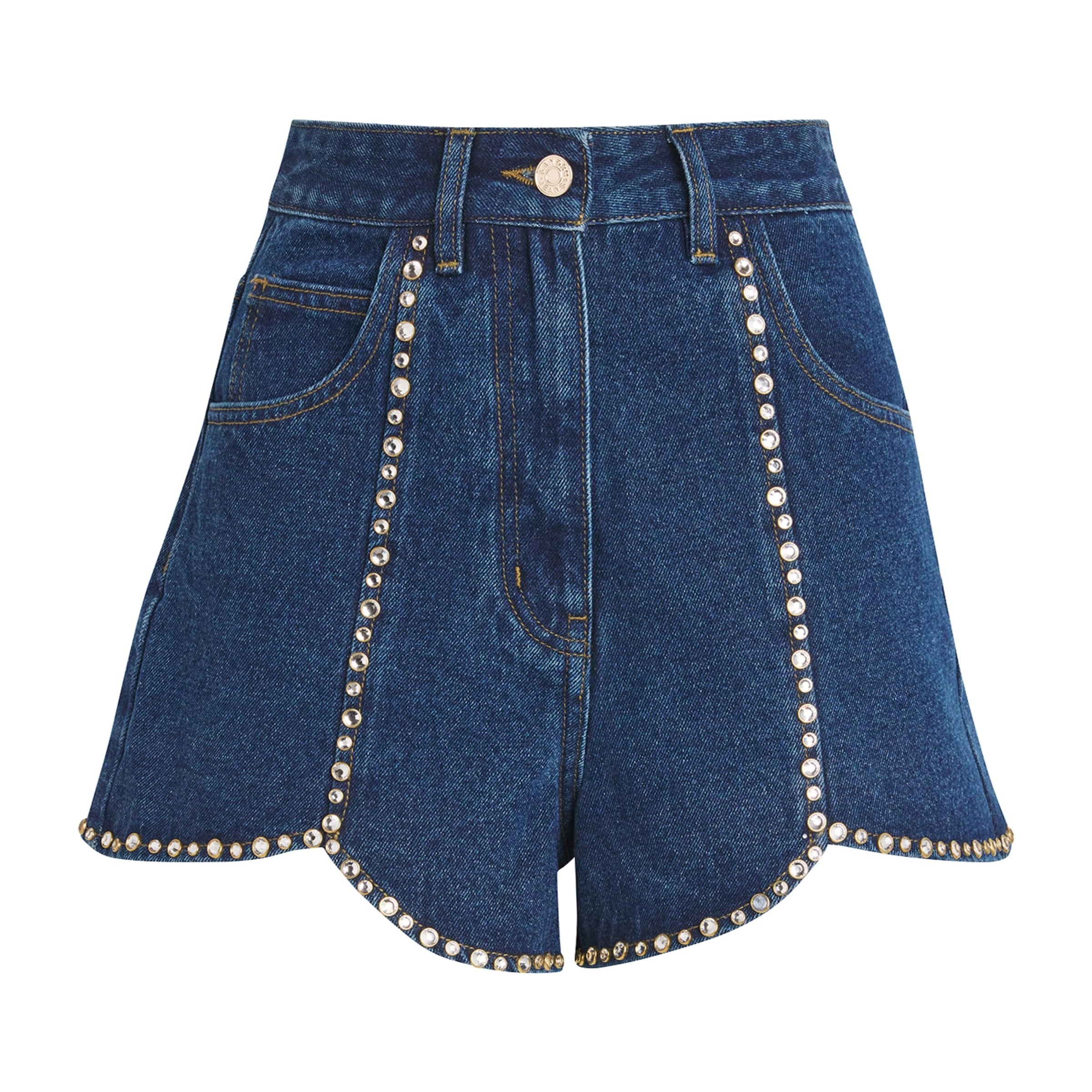 Blue Denim Rhinestone-Embellished Shorts