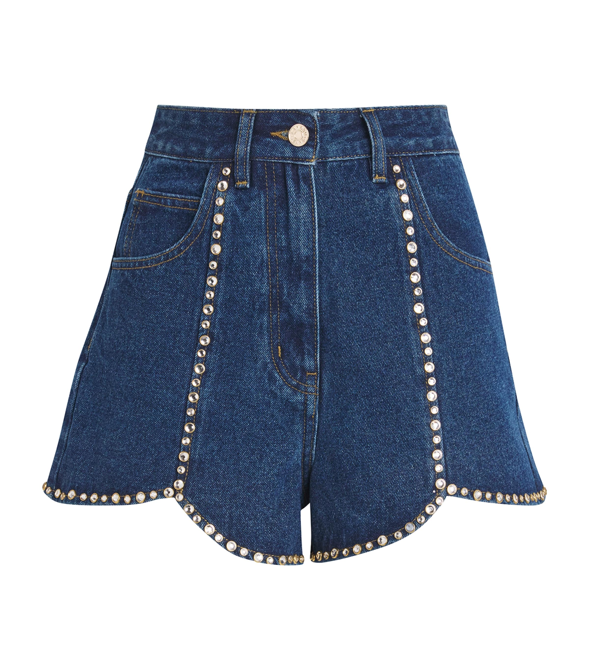 Blue Denim Rhinestone-Embellished Shorts