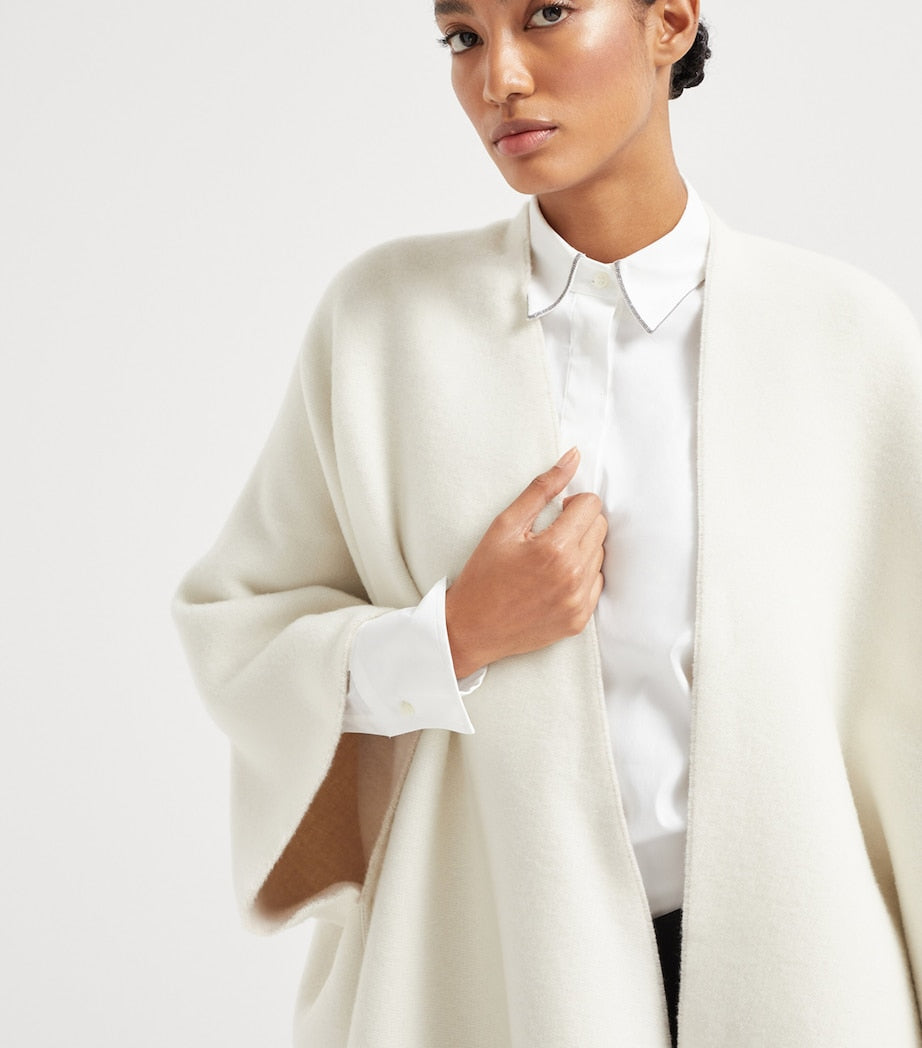 Brunello Cucinelli White Wool-Cashmere Reversible Poncho