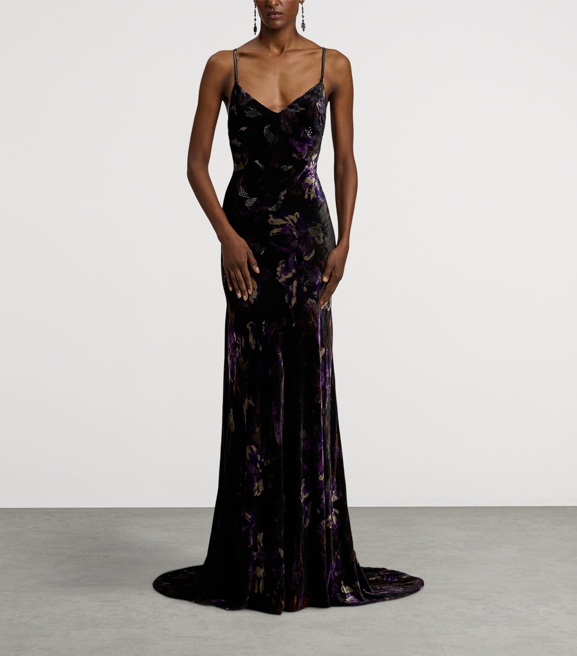 Ralph Lauren Collection Black Velvet Embellished Floral Evening Dress