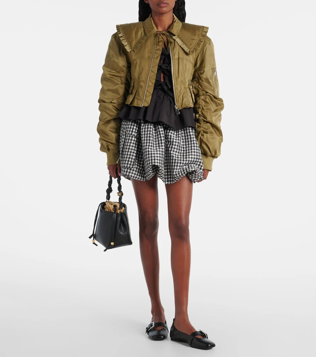 Ganni - Cropped ruched bomber jacket