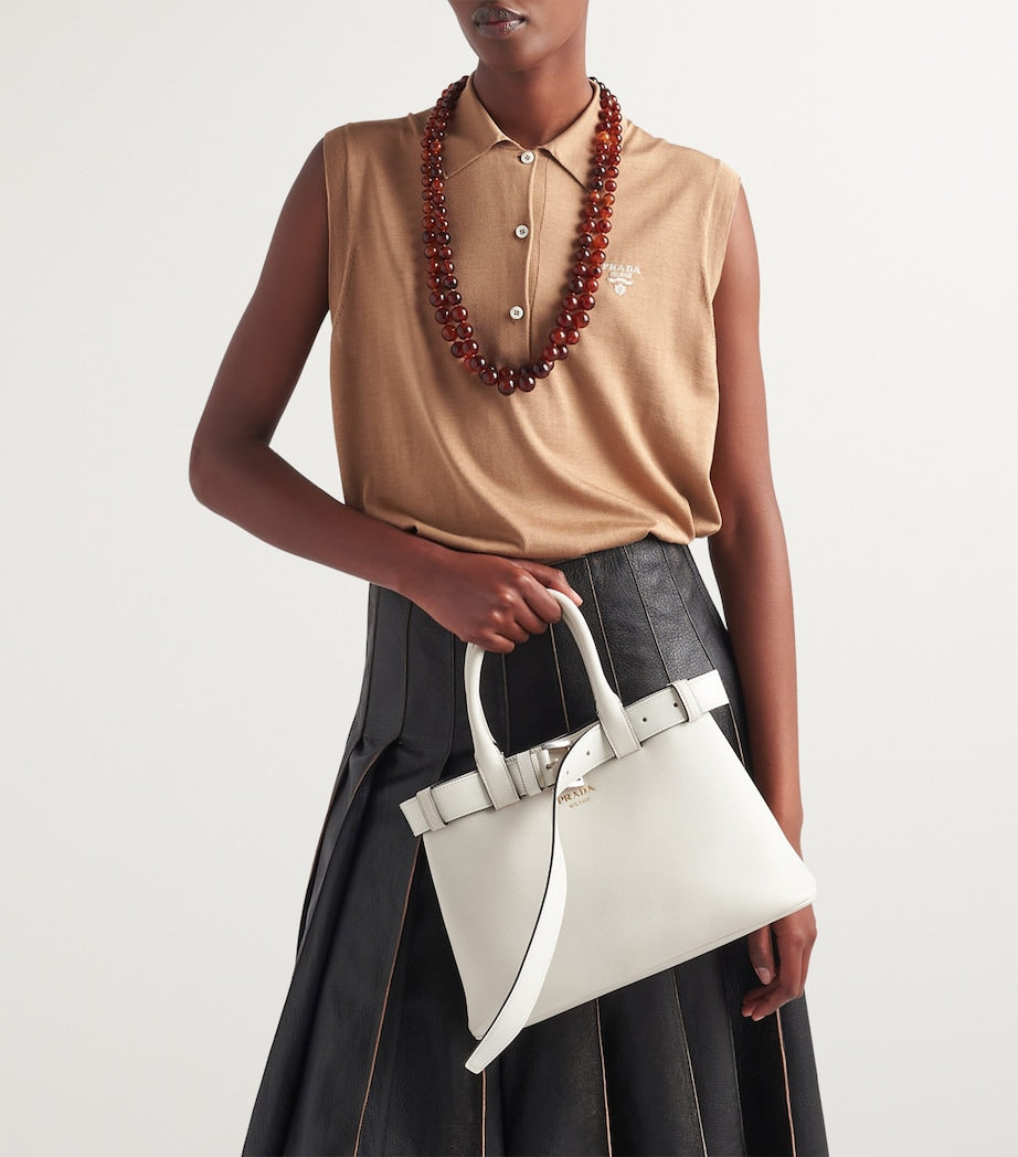 Prada Black Leather Pleated Midi Skirt