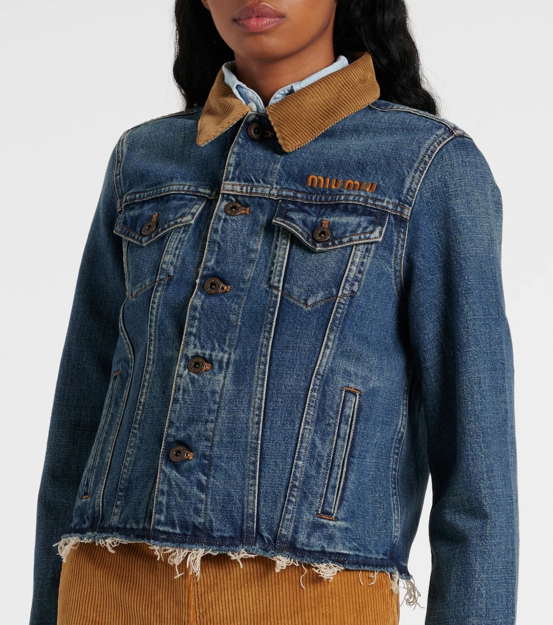 Miu Miu - Logo distressed corduroy-trimmed denim jacket