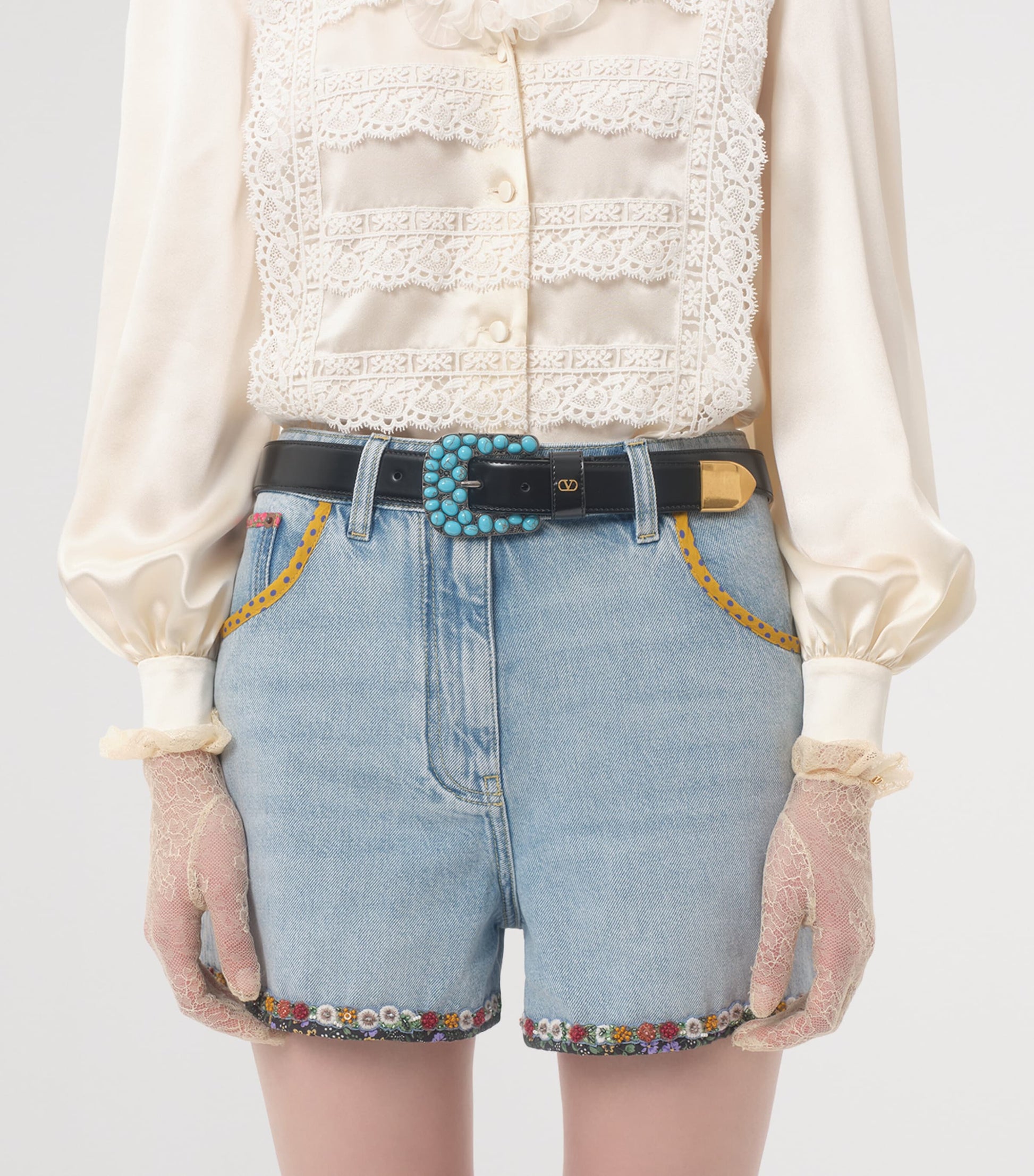 Valentino Garavani Black Leather VLogo Signature Gemstone Belt