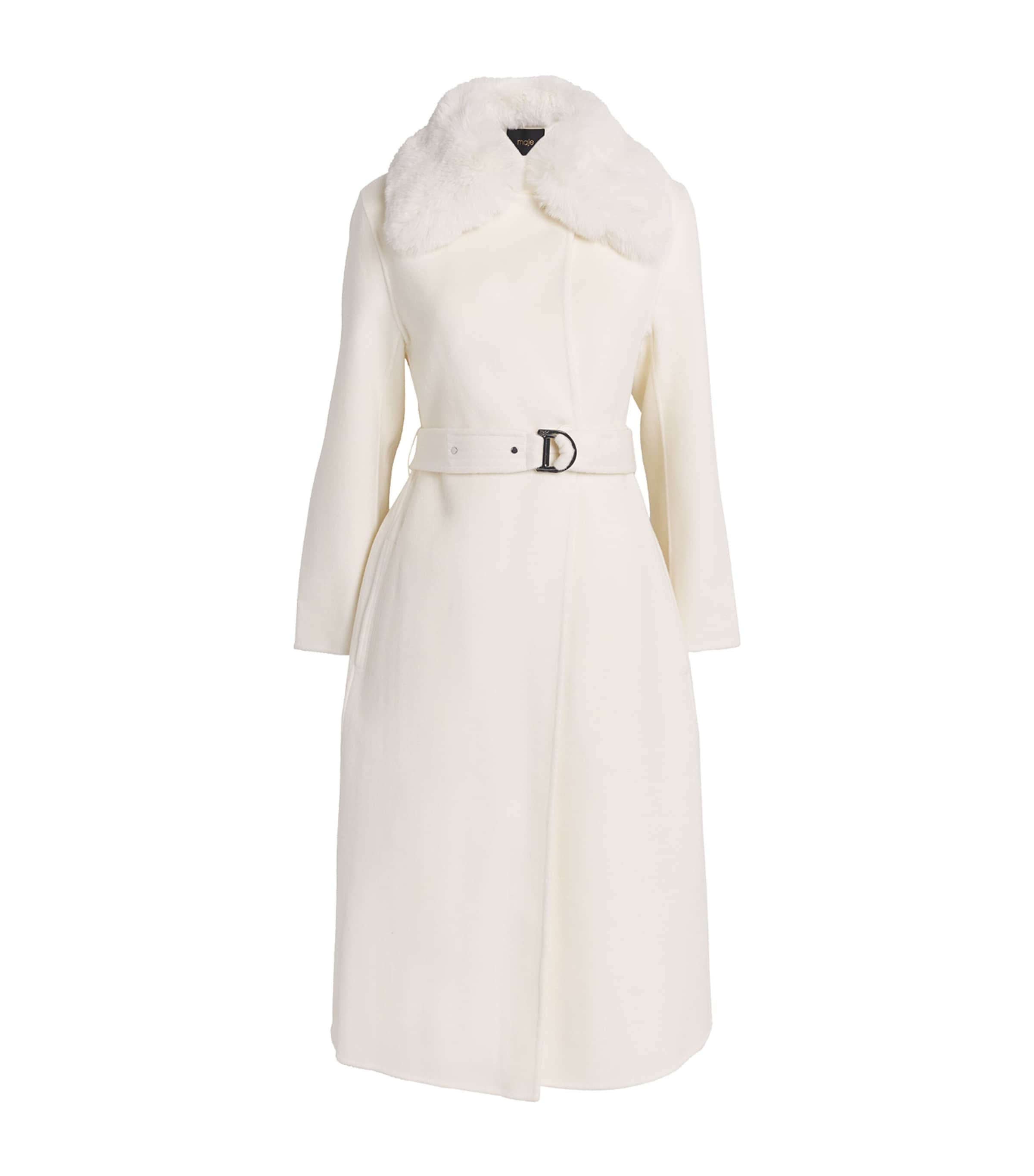 White Wool-Blend Faux Fur Coat