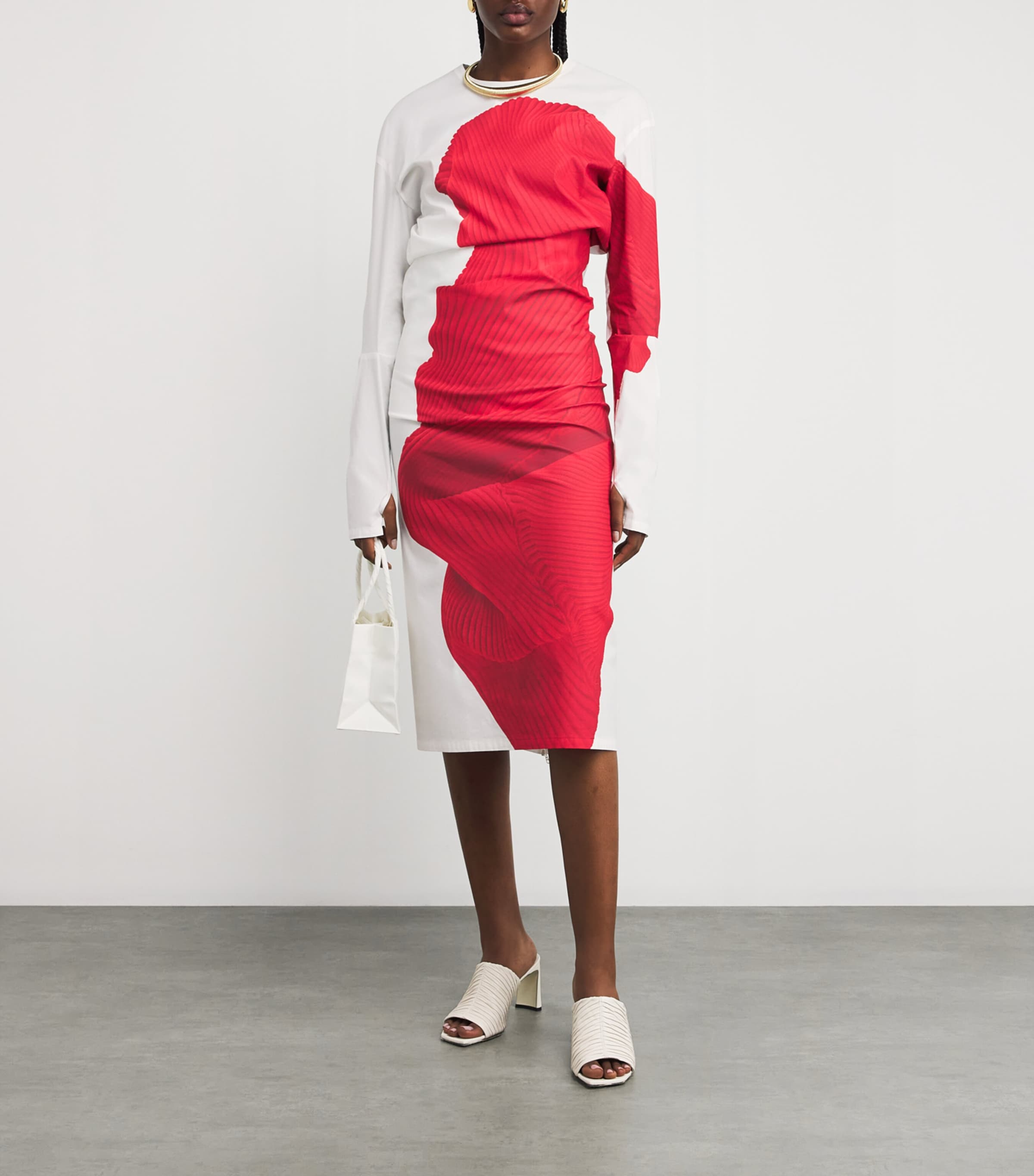 Issey Miyake Red Knit As Represented Midi Dress