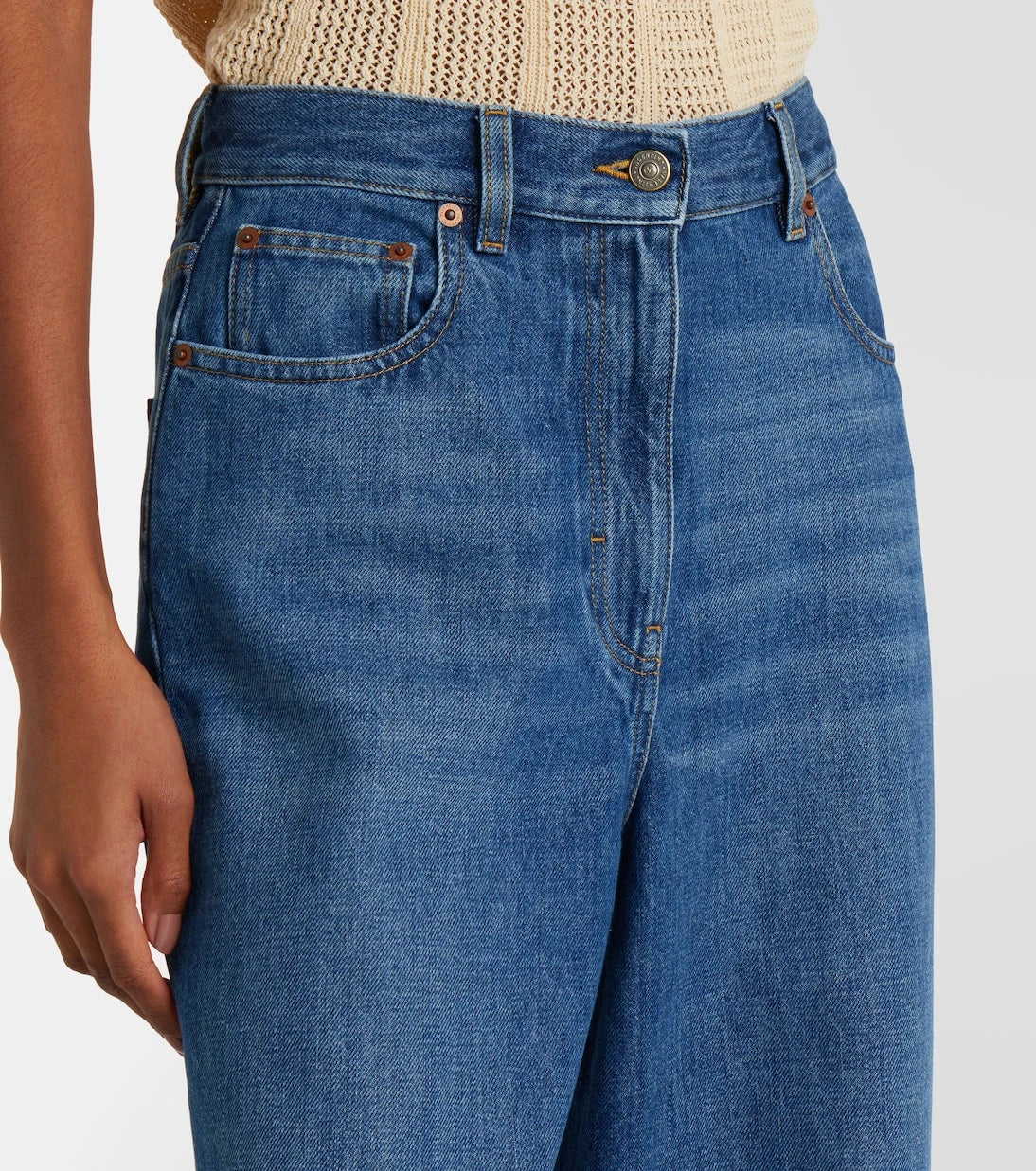 Valentino - Leather-trimmed wide-leg jeans