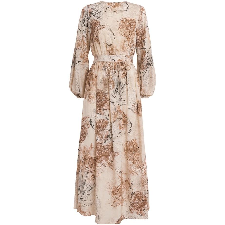 Eleventy Beige Silk Printed Maxi Dress