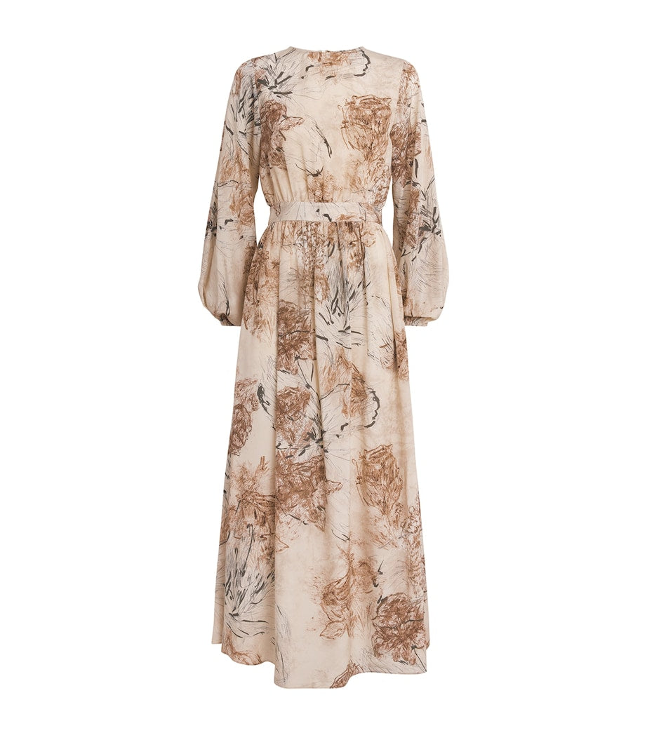 Eleventy Beige Silk Printed Maxi Dress